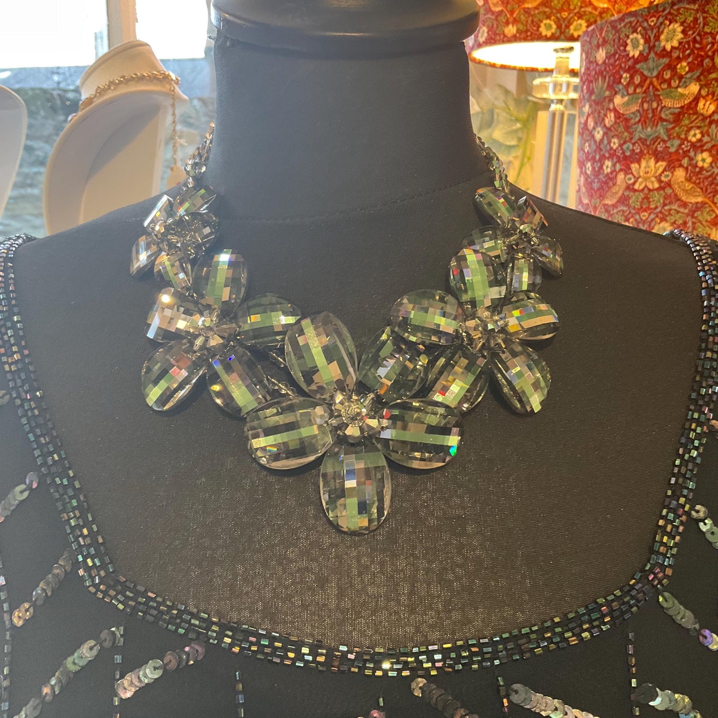 Vintage Butler and Wilson Statement Pewter Crystal Flower Garland Necklace, graduated flowers with faceted crystal petals