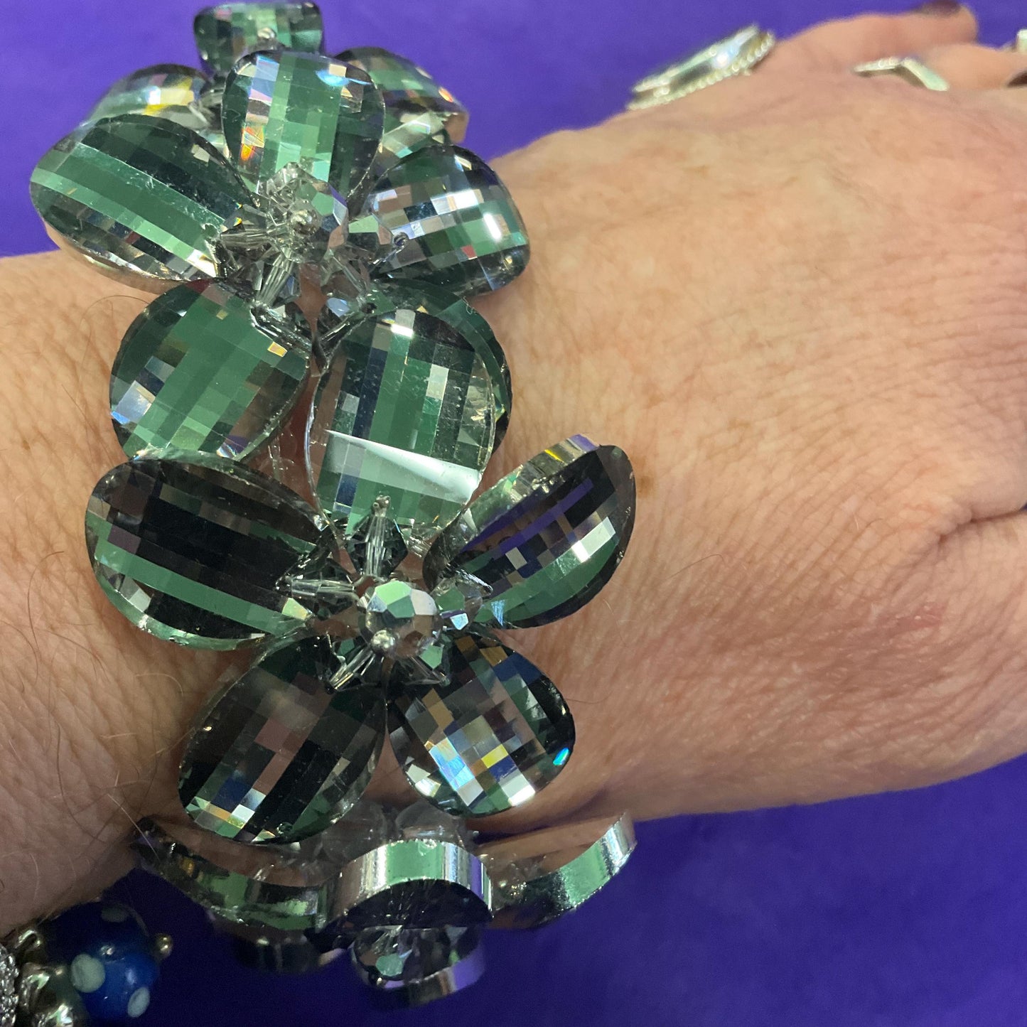 Vintage Butler and Wilson Pewter Flower Garland Crystal Bracelet, multi faceted crystals