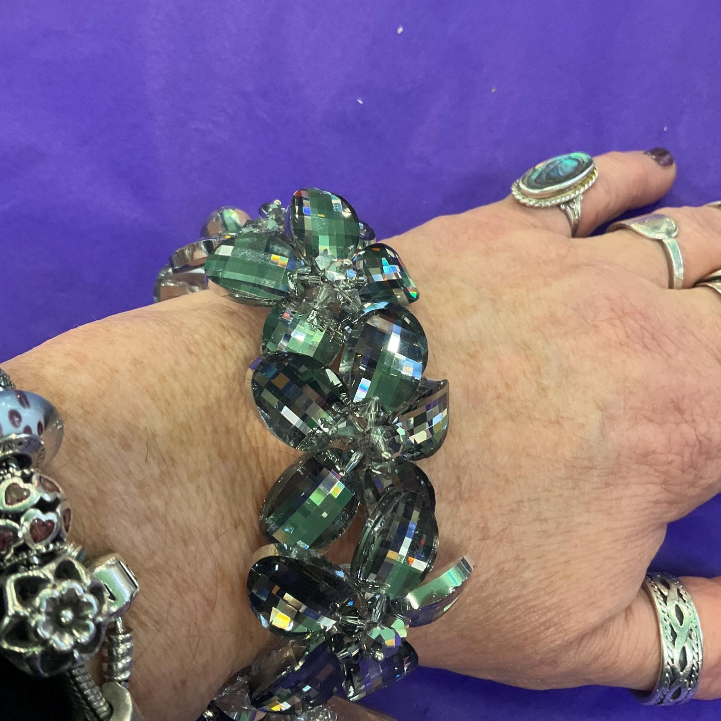 Vintage Butler and Wilson Pewter Flower Garland Crystal Bracelet, multi faceted crystals