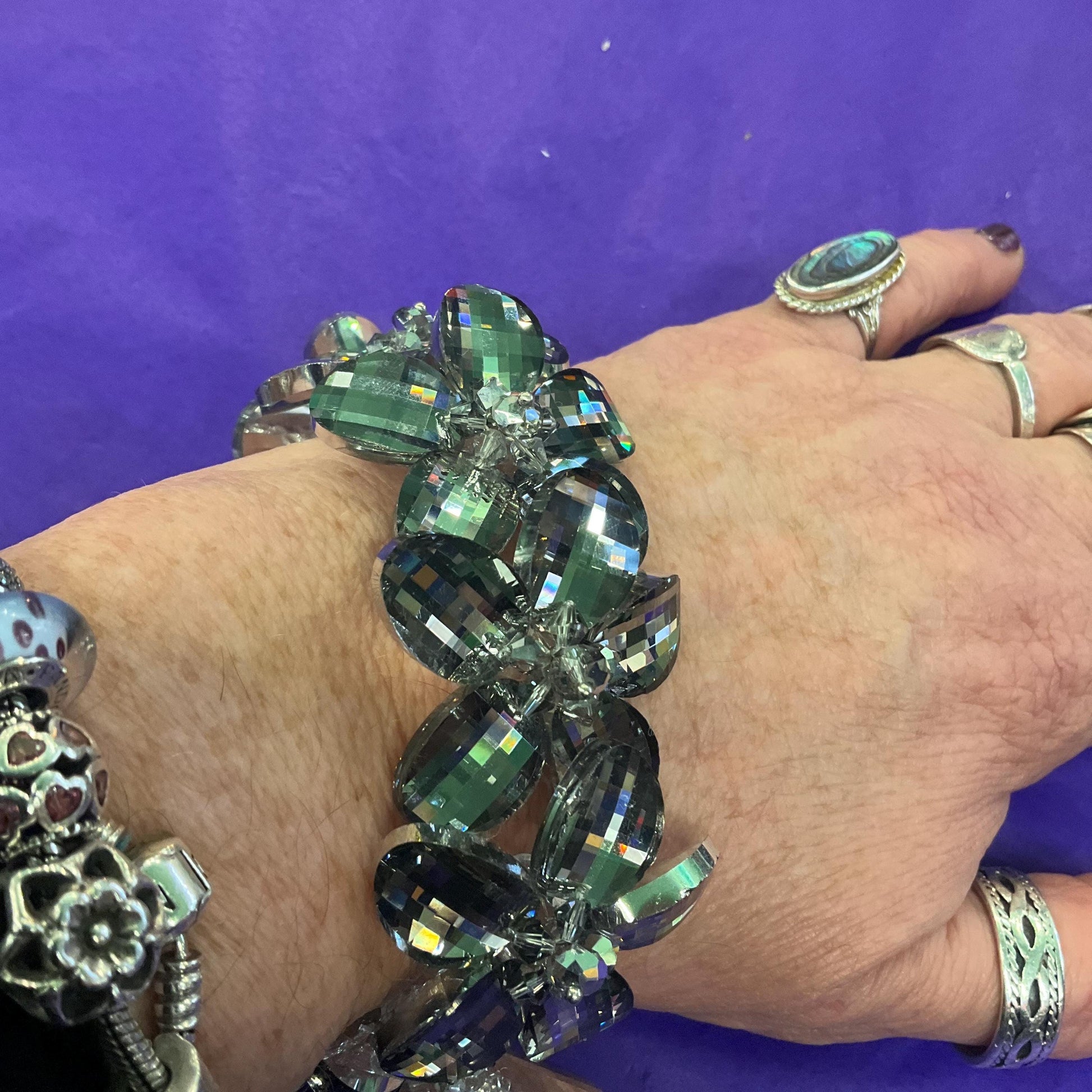 Vintage Butler and Wilson Pewter Flower Garland Crystal Bracelet, multi faceted crystals