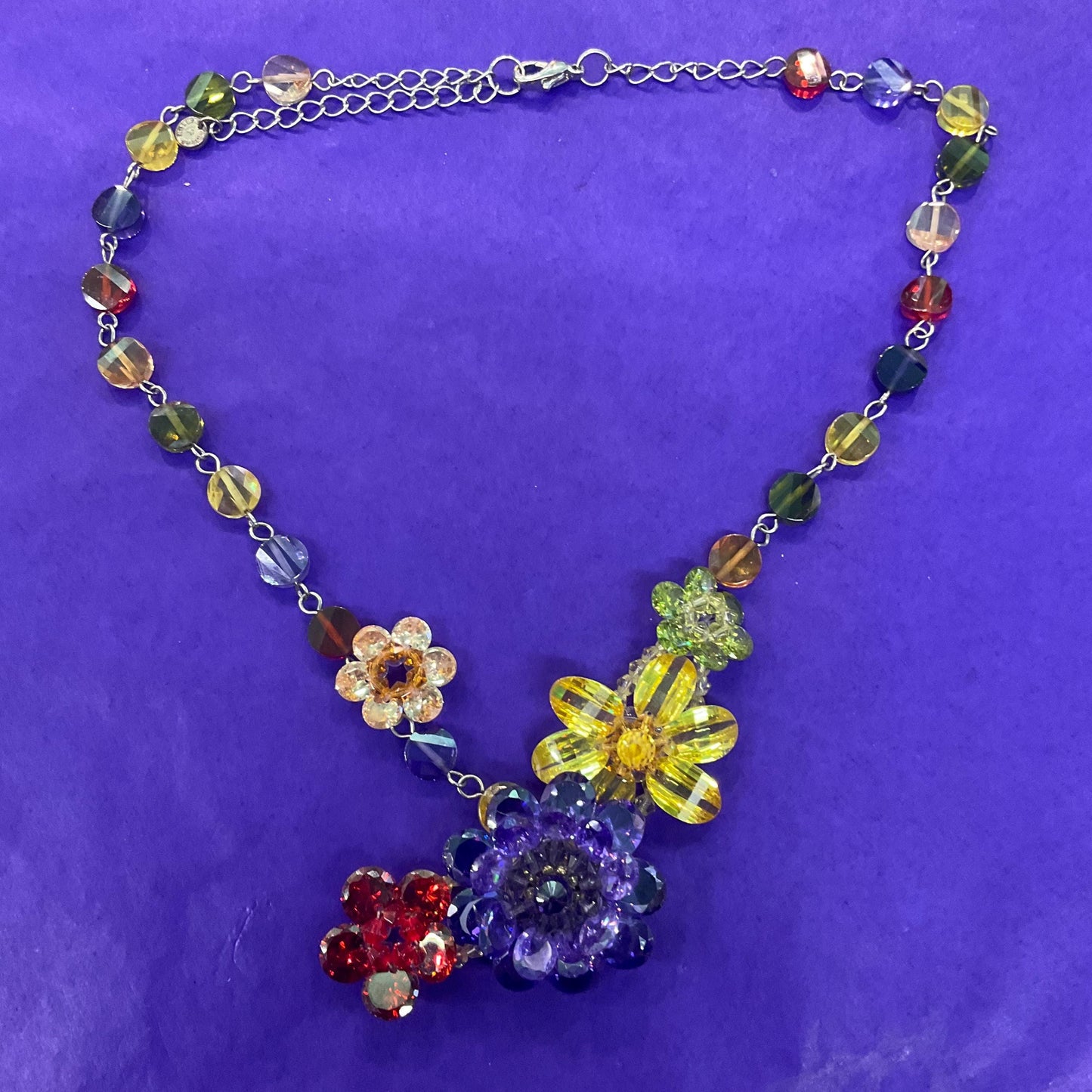 Vintage Butler and Wilson Rainbow Crystal Asymmetric Floral Y Drop Necklace, silver tone with multicolored crystals