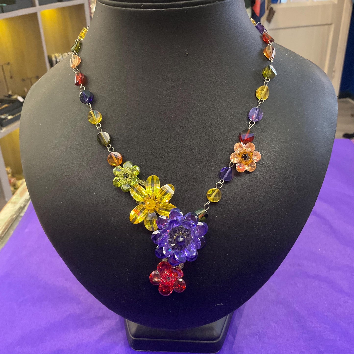 Vintage Butler and Wilson Rainbow Crystal Asymmetric Floral Y Drop Necklace, silver tone with multicolored crystals