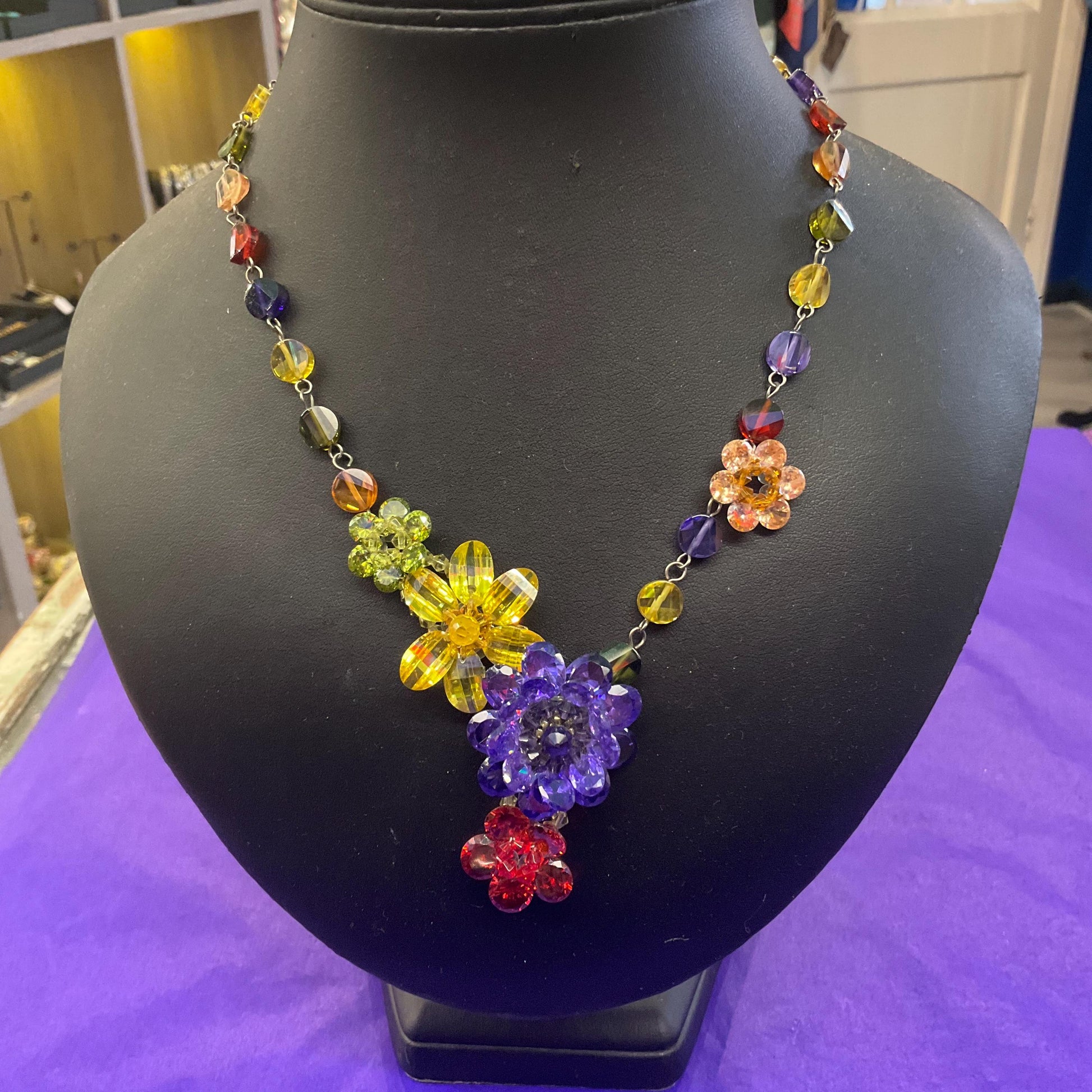 Vintage Butler and Wilson Rainbow Crystal Asymmetric Floral Y Drop Necklace, silver tone with multicolored crystals