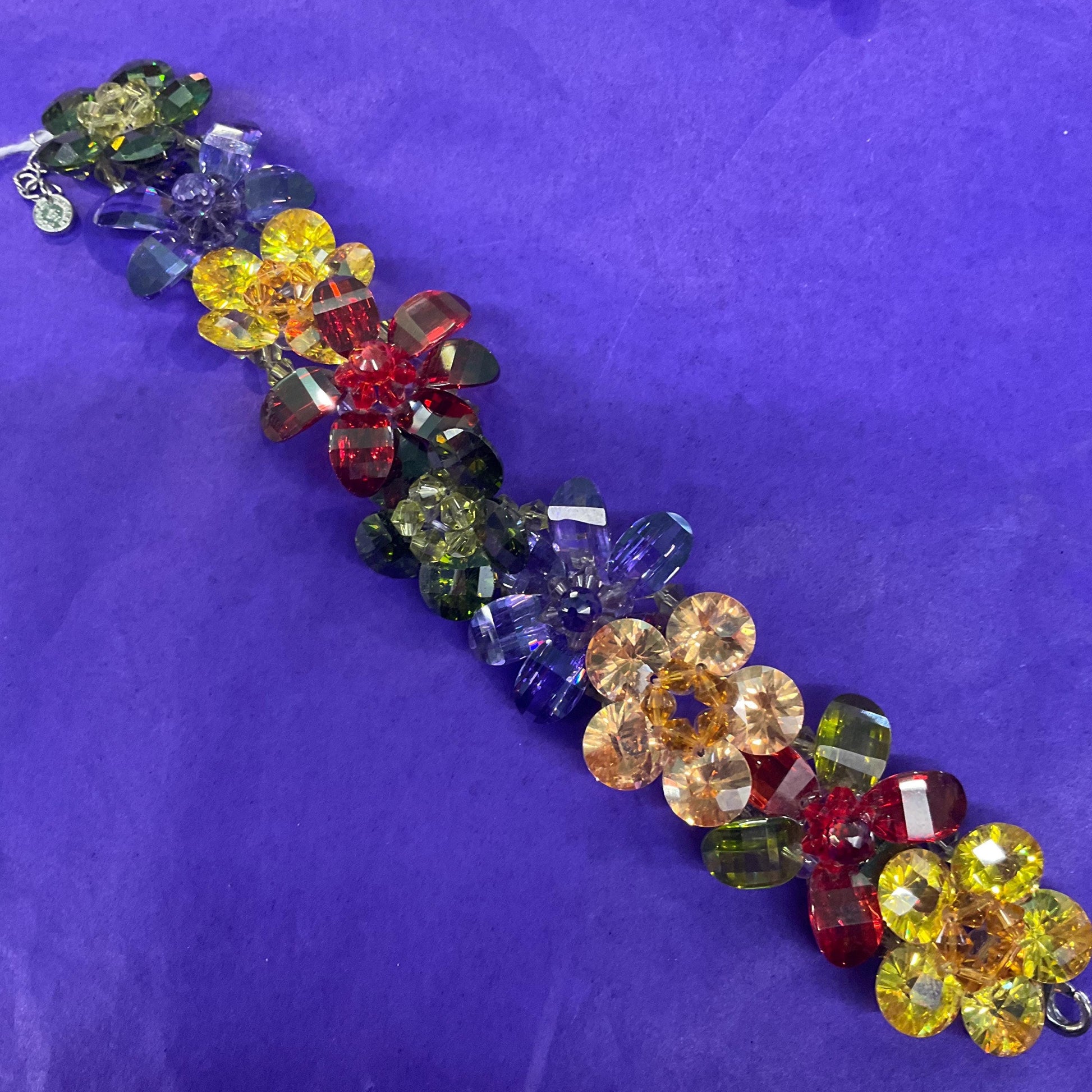 Vintage Butler and Wilson Rainbow Crystal Asymmetric Floral Y Drop Necklace, silver tone with multicolored crystals