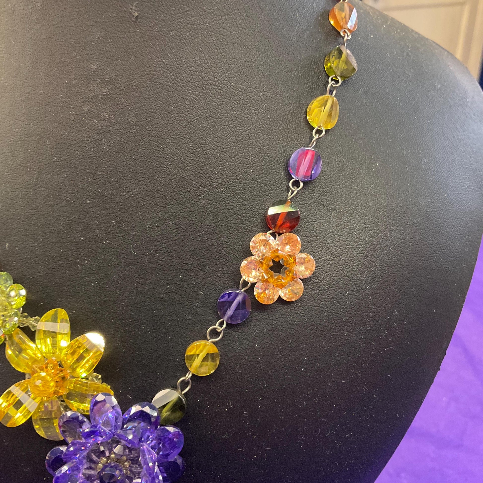 Vintage Butler and Wilson Rainbow Crystal Asymmetric Floral Y Drop Necklace, silver tone with multicolored crystals