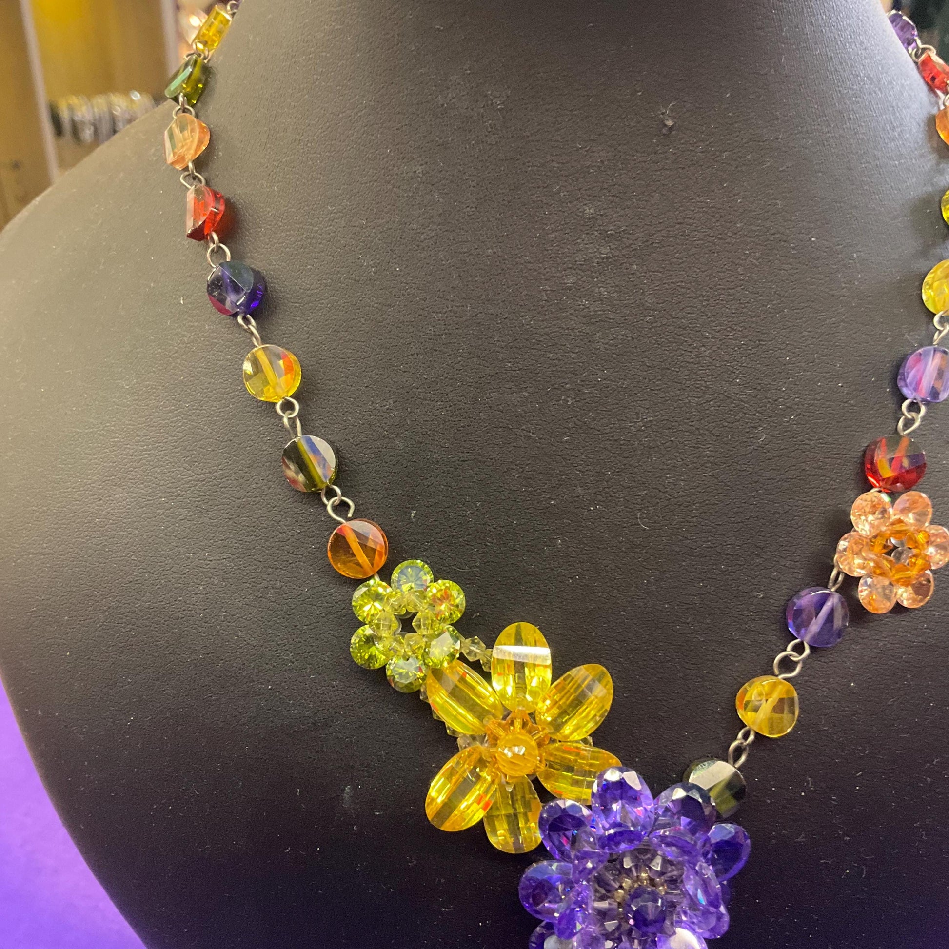 Vintage Butler and Wilson Rainbow Crystal Asymmetric Floral Y Drop Necklace, silver tone with multicolored crystals