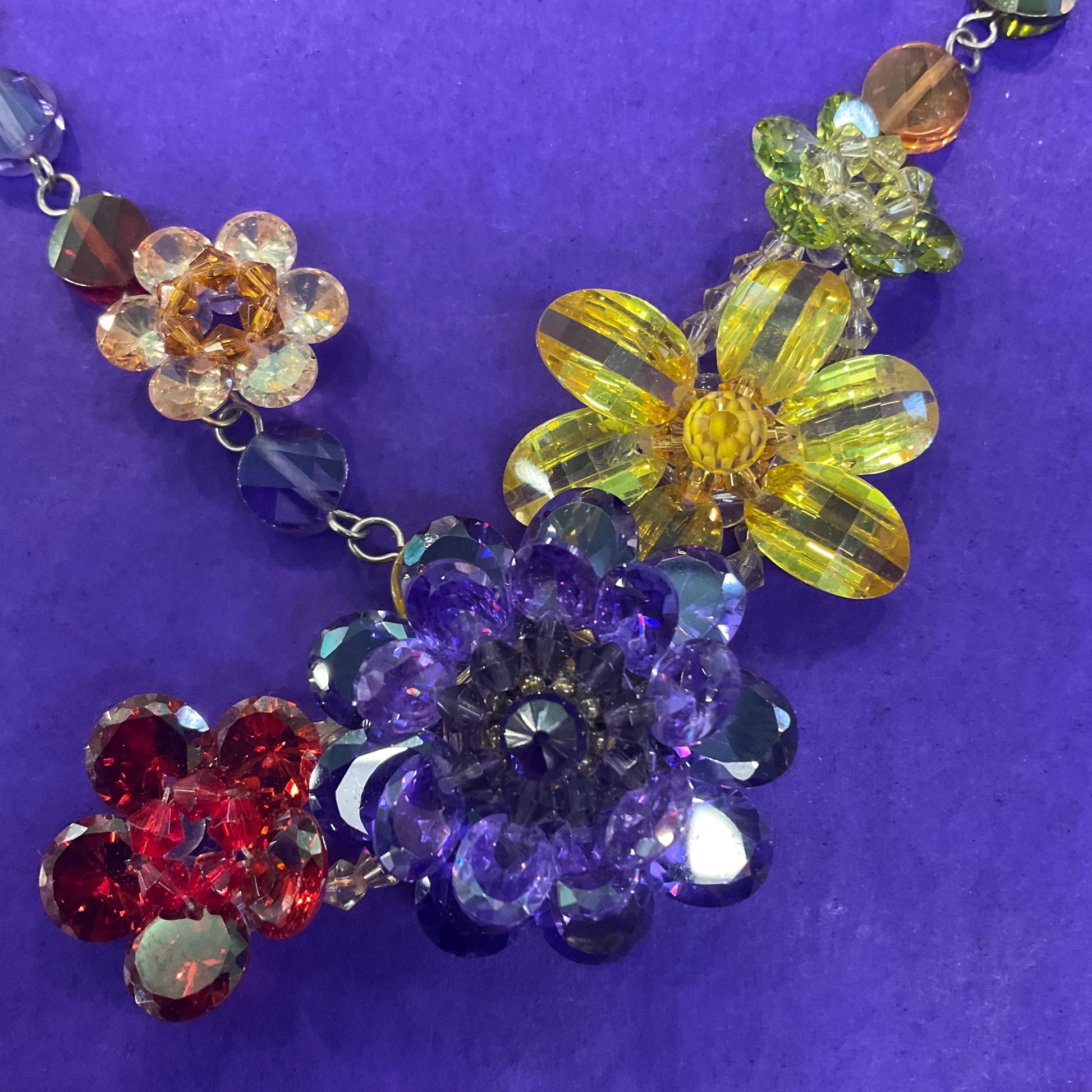 Vintage Butler and Wilson Rainbow Crystal Asymmetric Floral Y Drop Necklace, silver tone with multicolored crystals