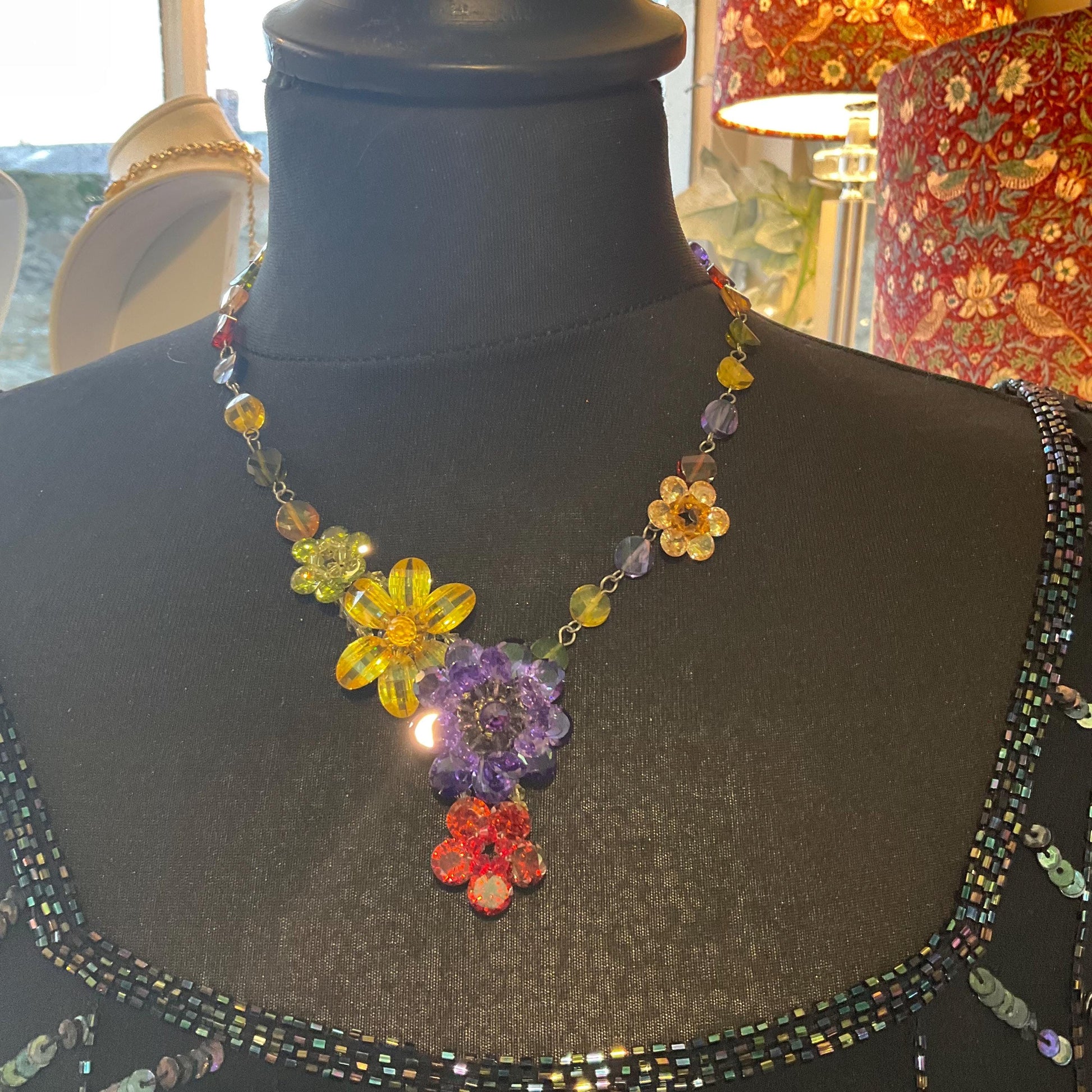 Vintage Butler and Wilson Rainbow Crystal Asymmetric Floral Y Drop Necklace, silver tone with multicolored crystals