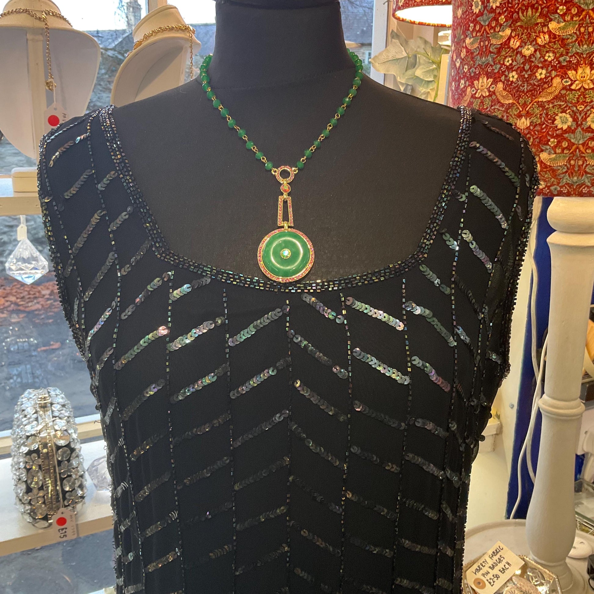 Vintage Butler and Wilson Green Crystal Art Deco Style Necklace, gold tone with crystal beads and borealis rhinestones