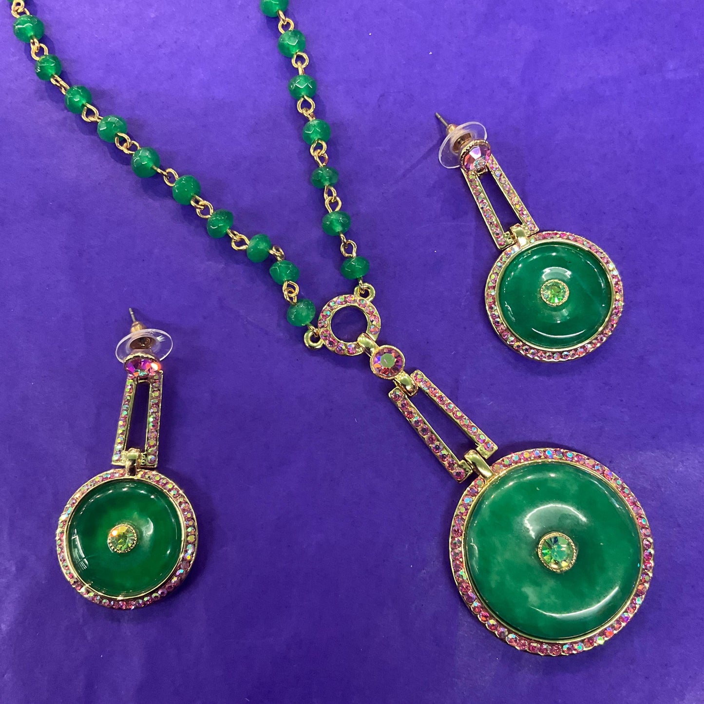 Vintage Butler and Wilson Green Crystal Art Deco Style Necklace, gold tone with crystal beads and borealis rhinestones