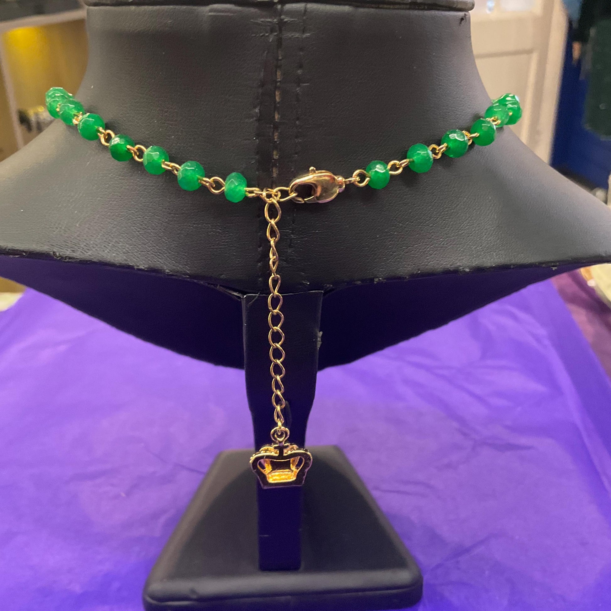 Vintage Butler and Wilson Green Crystal Art Deco Style Necklace, gold tone with crystal beads and borealis rhinestones