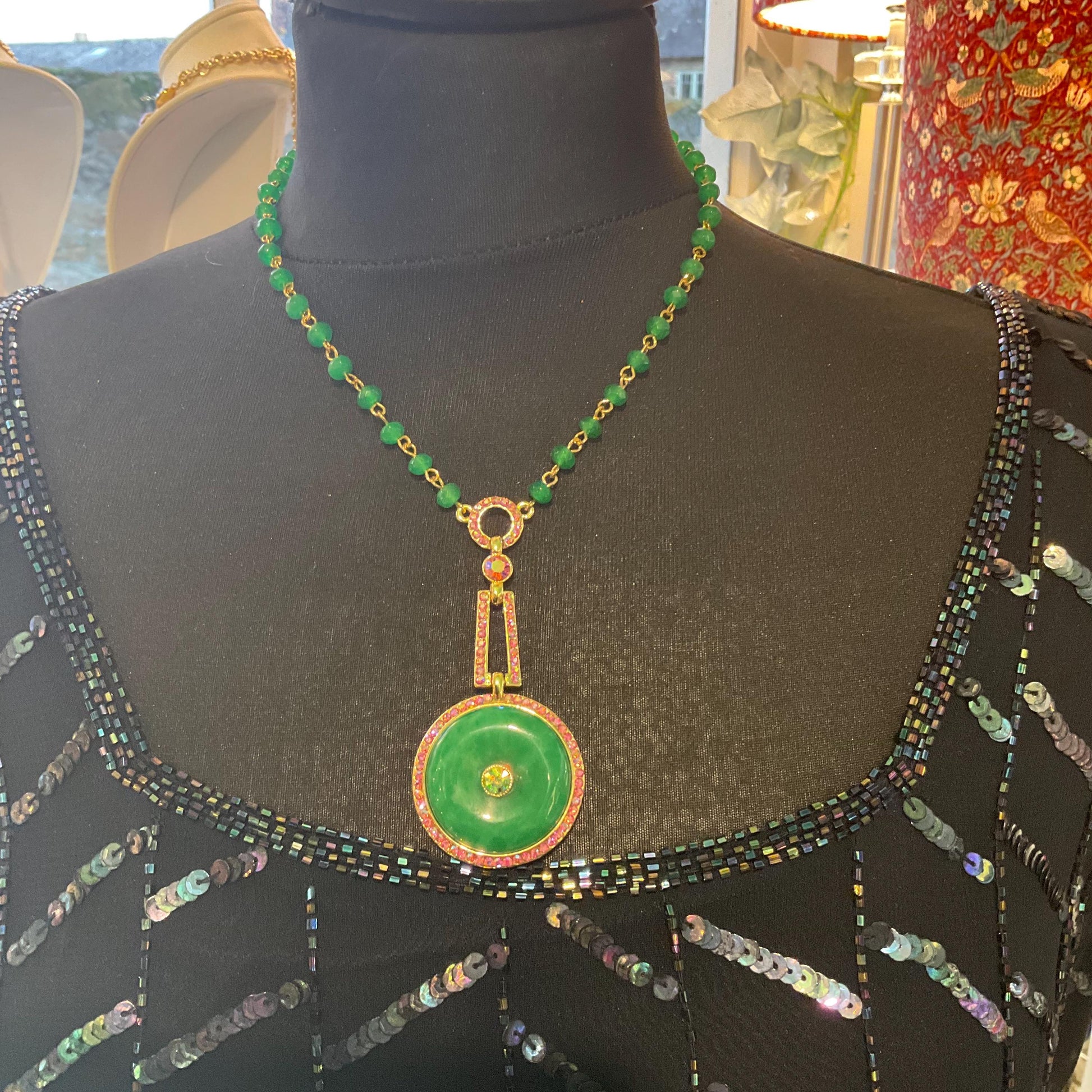 Vintage Butler and Wilson Green Crystal Art Deco Style Necklace, gold tone with crystal beads and borealis rhinestones