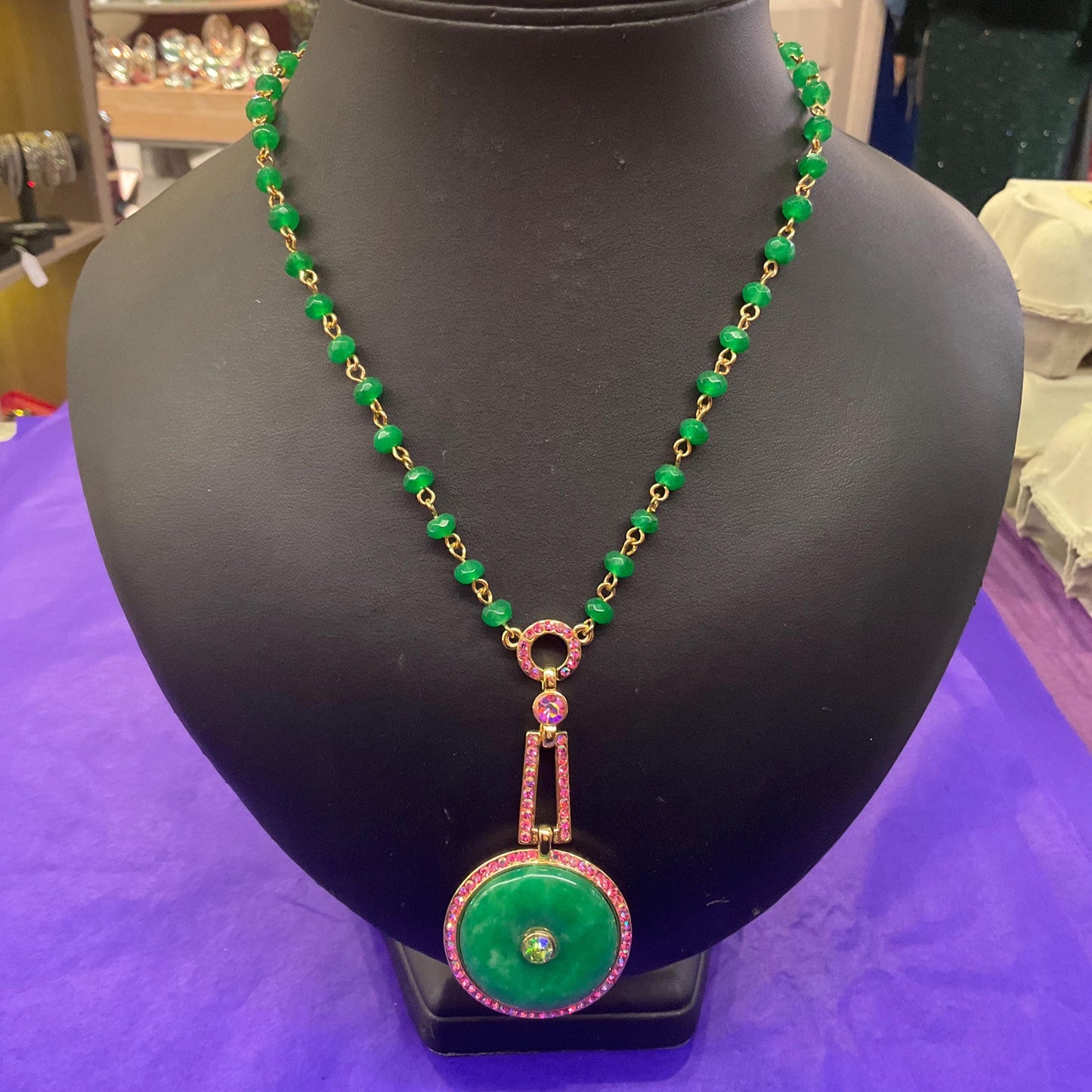 Vintage Butler and Wilson Green Crystal Art Deco Style Necklace, gold tone with crystal beads and borealis rhinestones