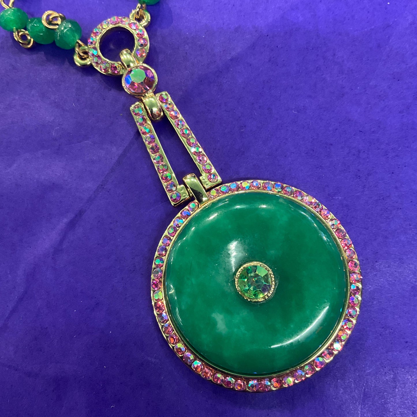 Vintage Butler and Wilson Green Crystal Art Deco Style Necklace, gold tone with crystal beads and borealis rhinestones