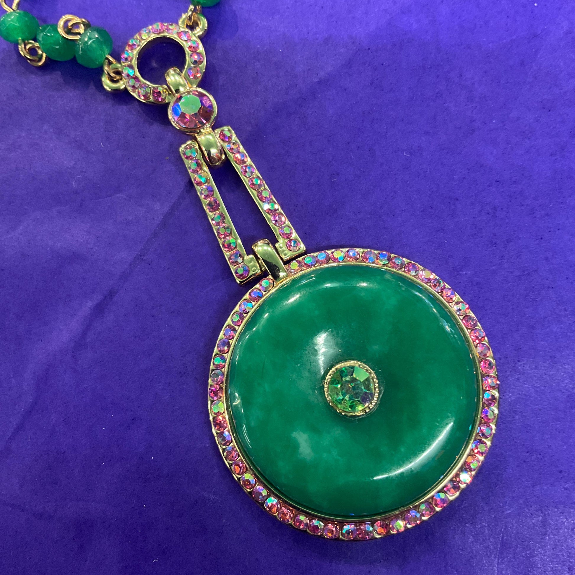 Vintage Butler and Wilson Green Crystal Art Deco Style Necklace, gold tone with crystal beads and borealis rhinestones