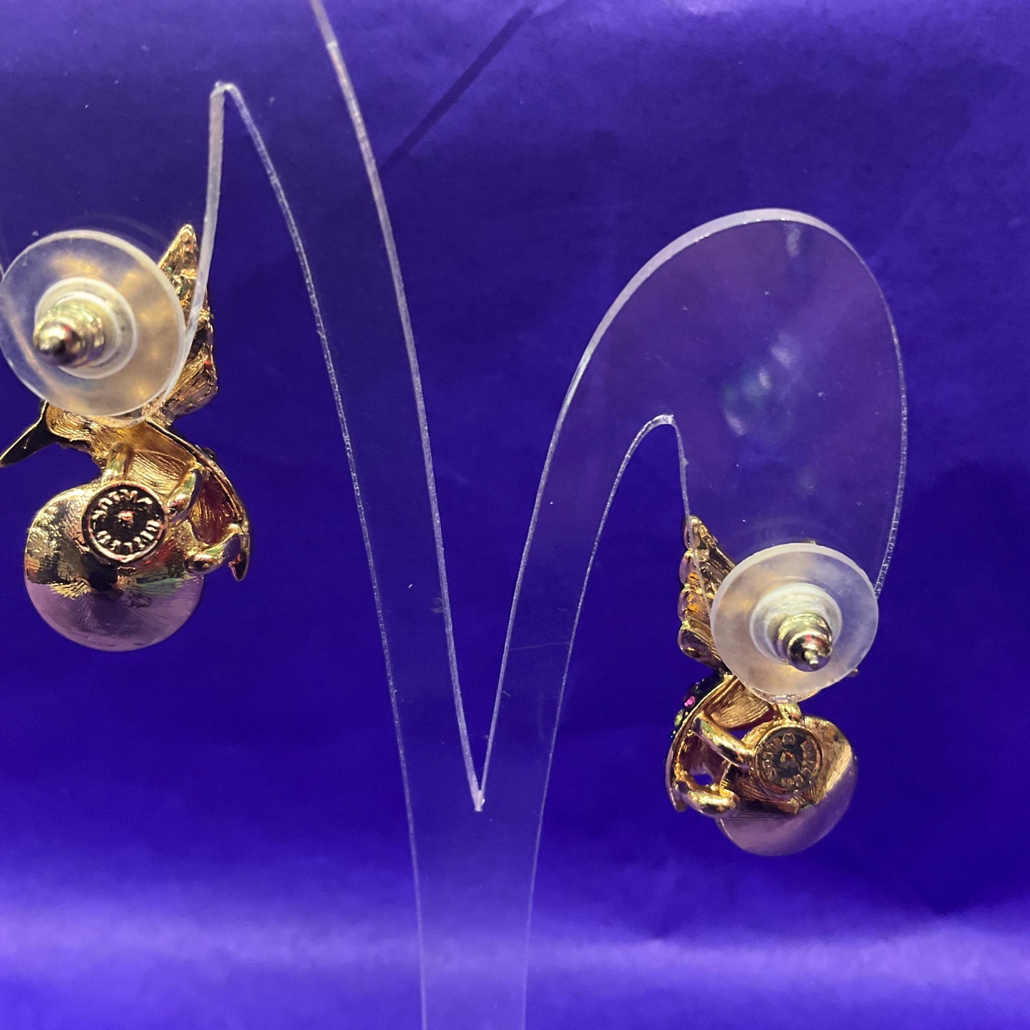 Vintage Butler and Wilson Rainbow Crystal Kingfisher Drop Earrings, Gold Tone with large pink crystal and multicoloured rhinestones