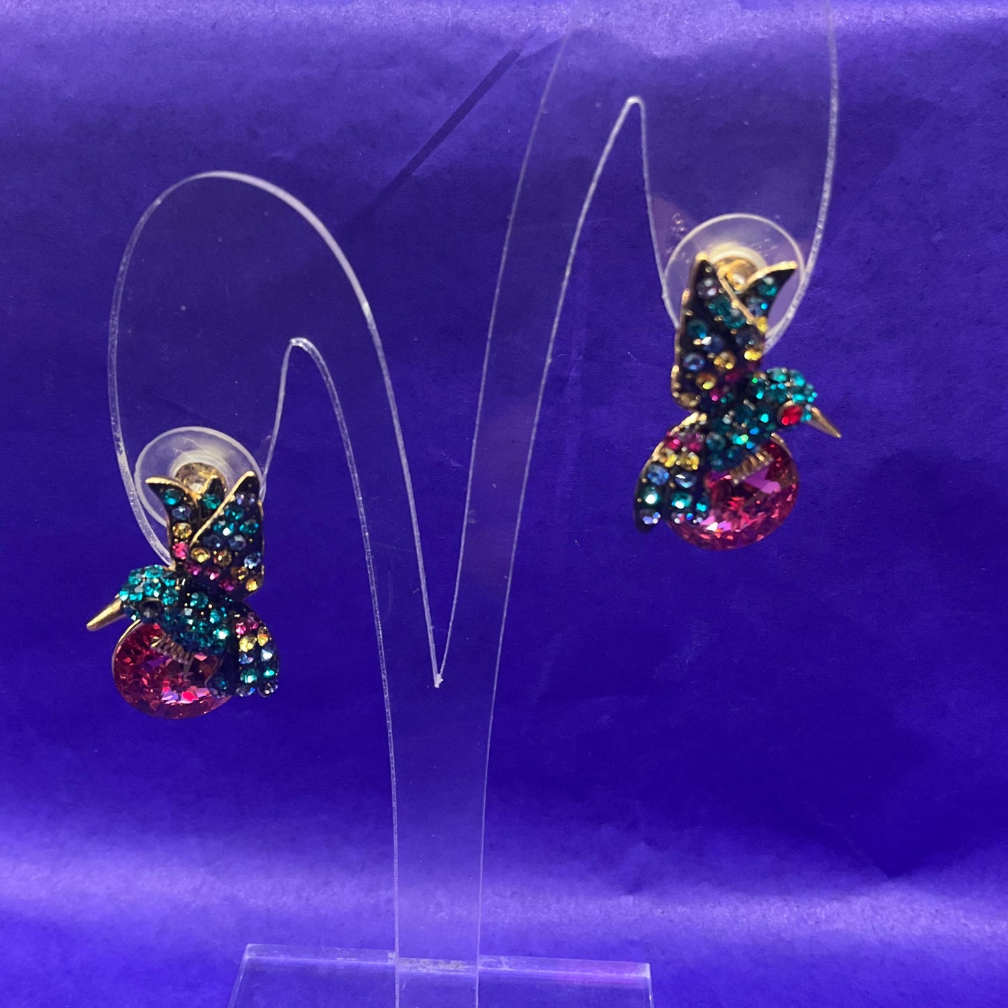Vintage Butler and Wilson Rainbow Crystal Kingfisher Drop Earrings, Gold Tone with large pink crystal and multicoloured rhinestones