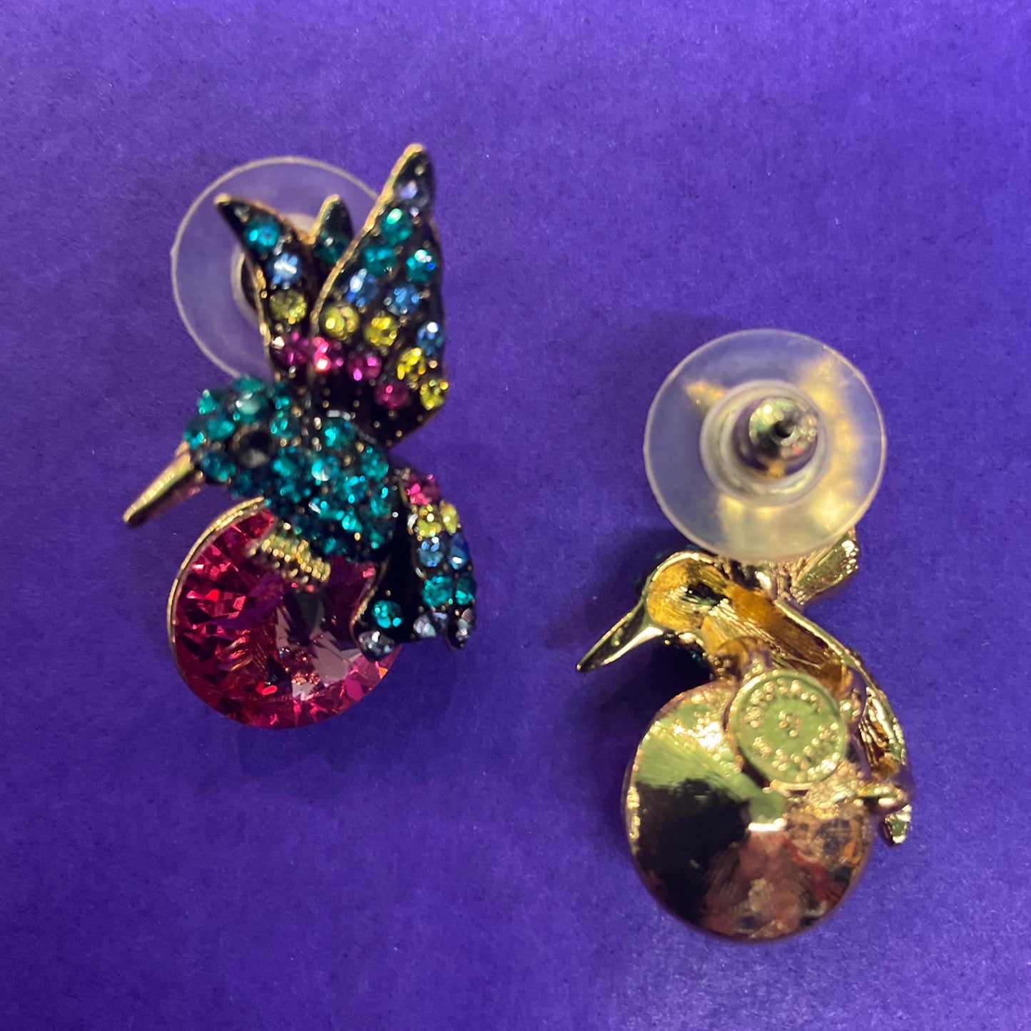 Vintage Butler and Wilson Rainbow Crystal Kingfisher Drop Earrings, Gold Tone with large pink crystal and multicoloured rhinestones
