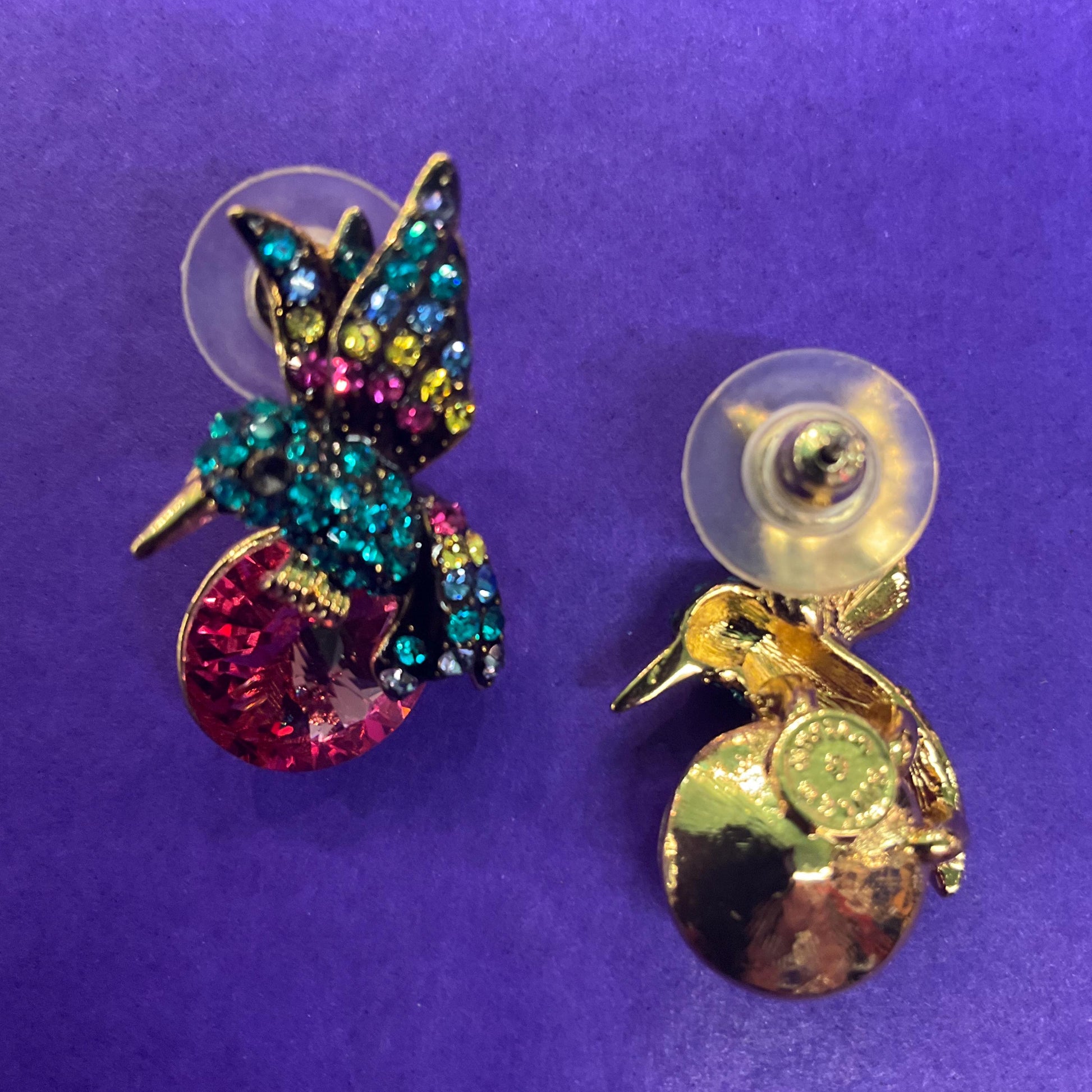 Vintage Butler and Wilson Rainbow Crystal Kingfisher Drop Earrings, Gold Tone with large pink crystal and multicoloured rhinestones