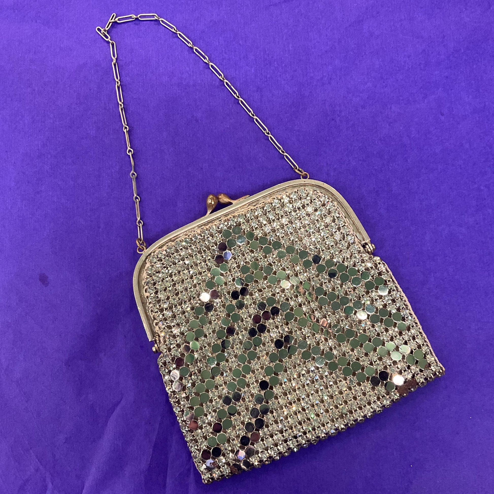 Antique Art Deco Silver Crystal Chain Mail Evening Bag , Great Gatsby, Flapper Girl