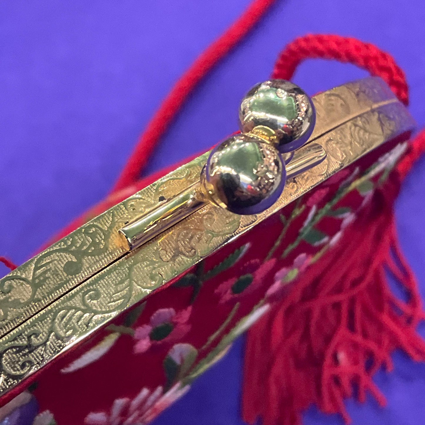 Vintage Red Silk and floral Embroidery evening Shoulder Bag, Circular shape with side tassels