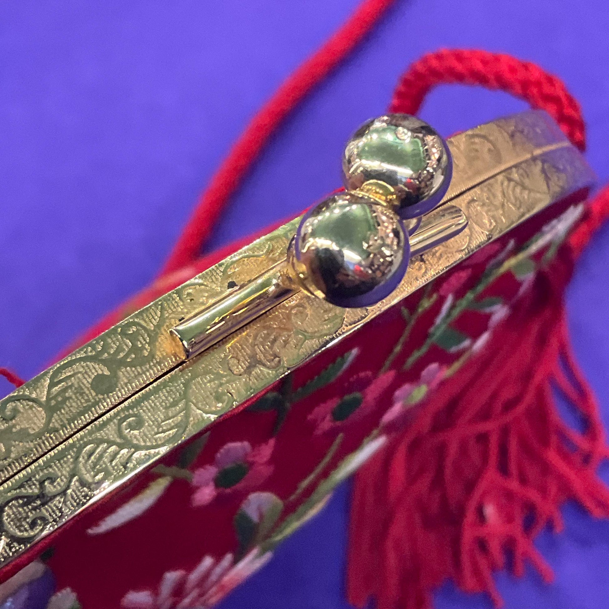 Vintage Red Silk and floral Embroidery evening Shoulder Bag, Circular shape with side tassels