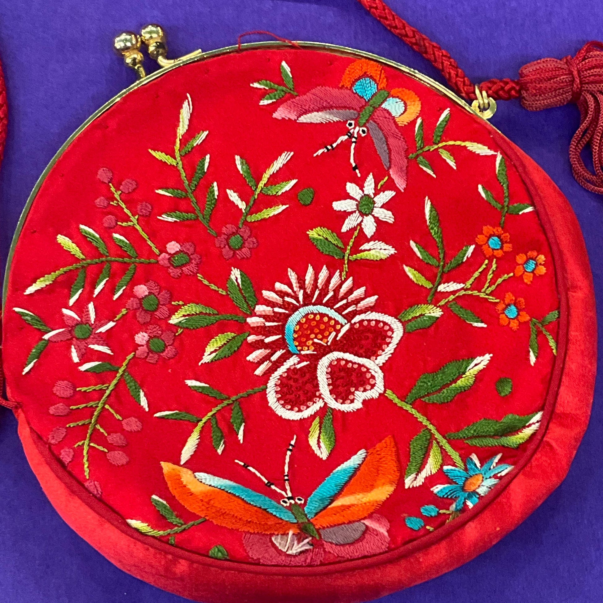 Vintage Red Silk and floral Embroidery evening Shoulder Bag, Circular shape with side tassels