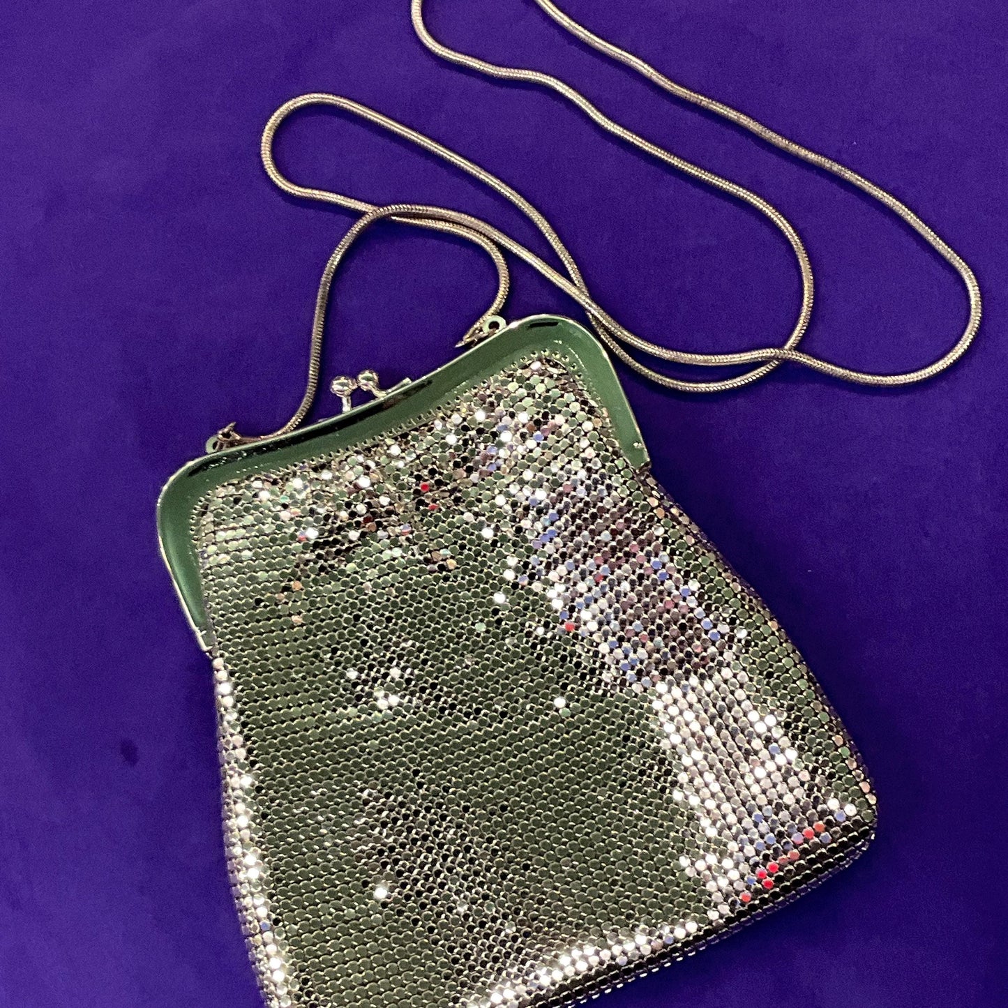 Vintage Silver Metallic Chain Mail Shoulder Bag, Formal Event, evening bag