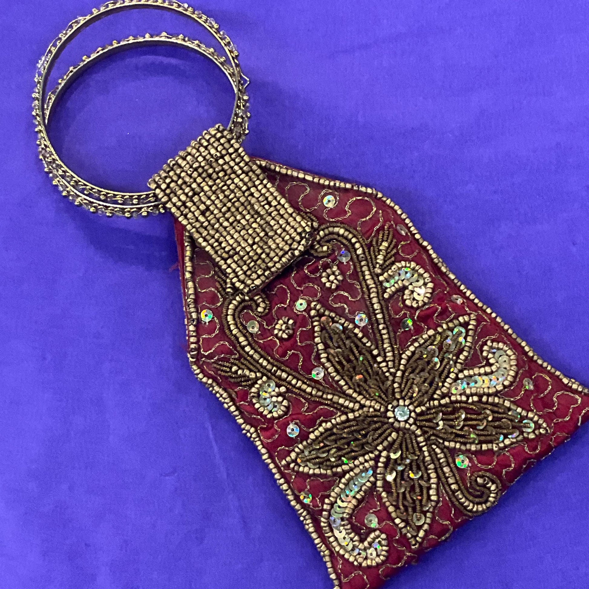 Vintage Small Silk Beaded Evening Bag, red silk with gold floral detail