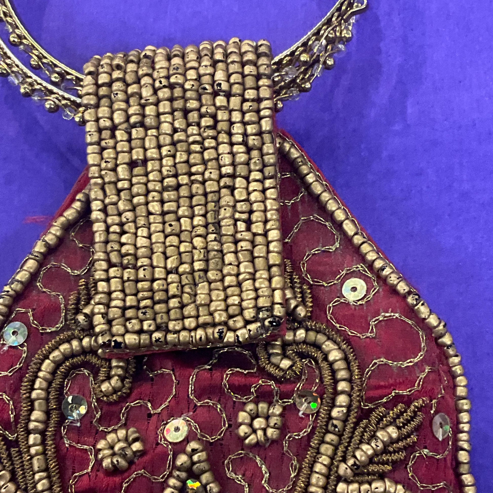 Vintage Small Silk Beaded Evening Bag, red silk with gold floral detail