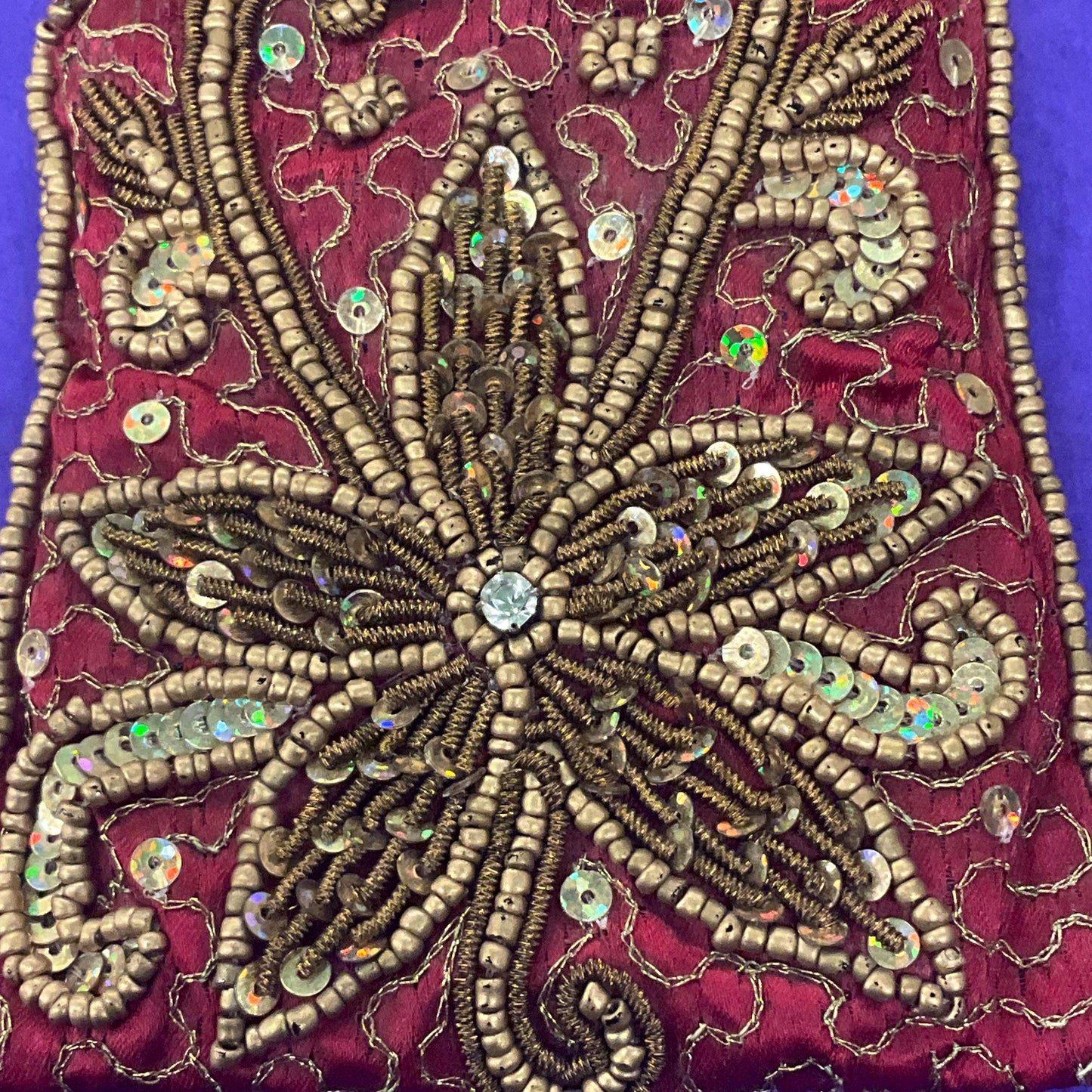 Vintage Small Silk Beaded Evening Bag, red silk with gold floral detail