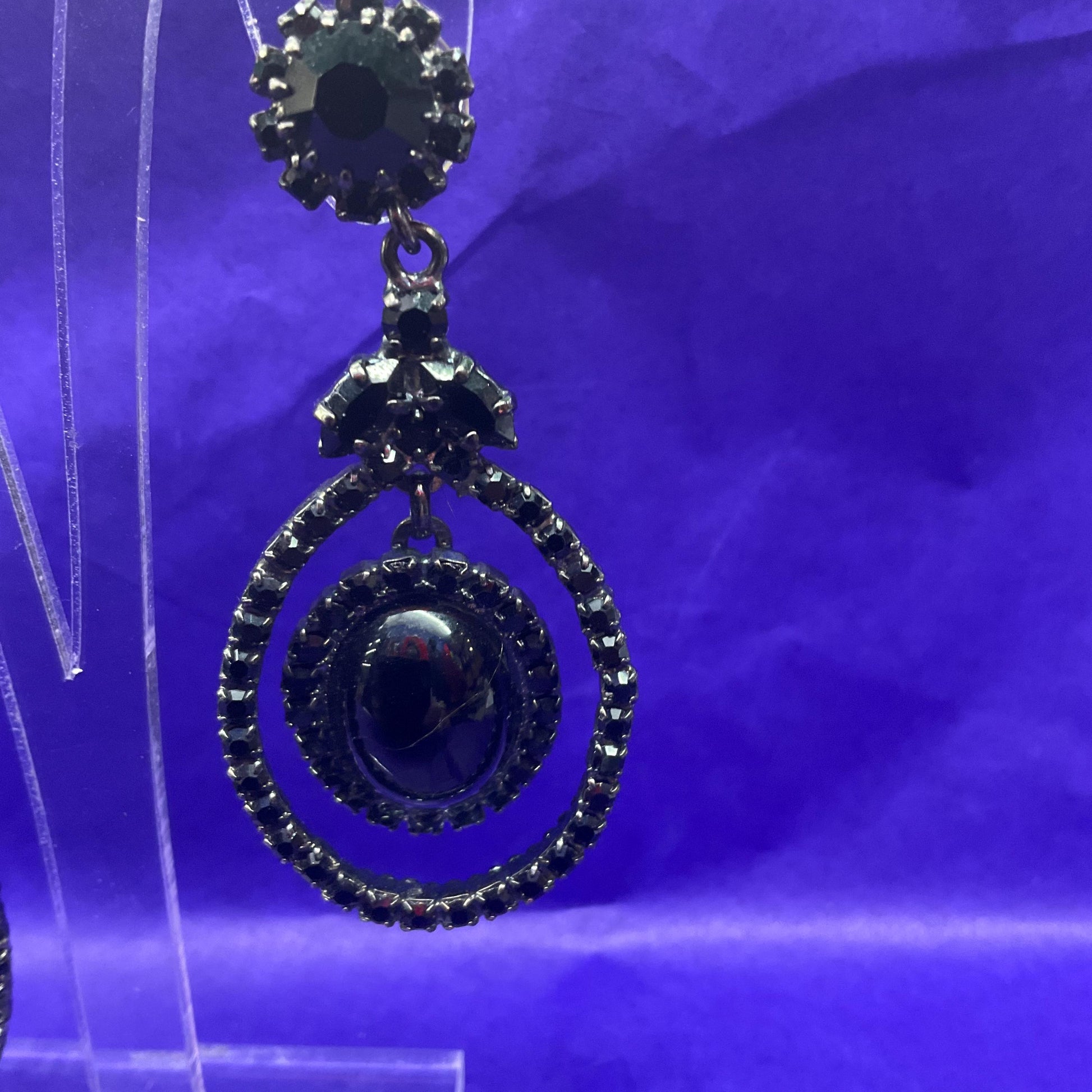 Vintage Butler and Wilson Black Crystal Long Drop Chandelier Earrings , pewter tone with large oval crystal and rhinestones