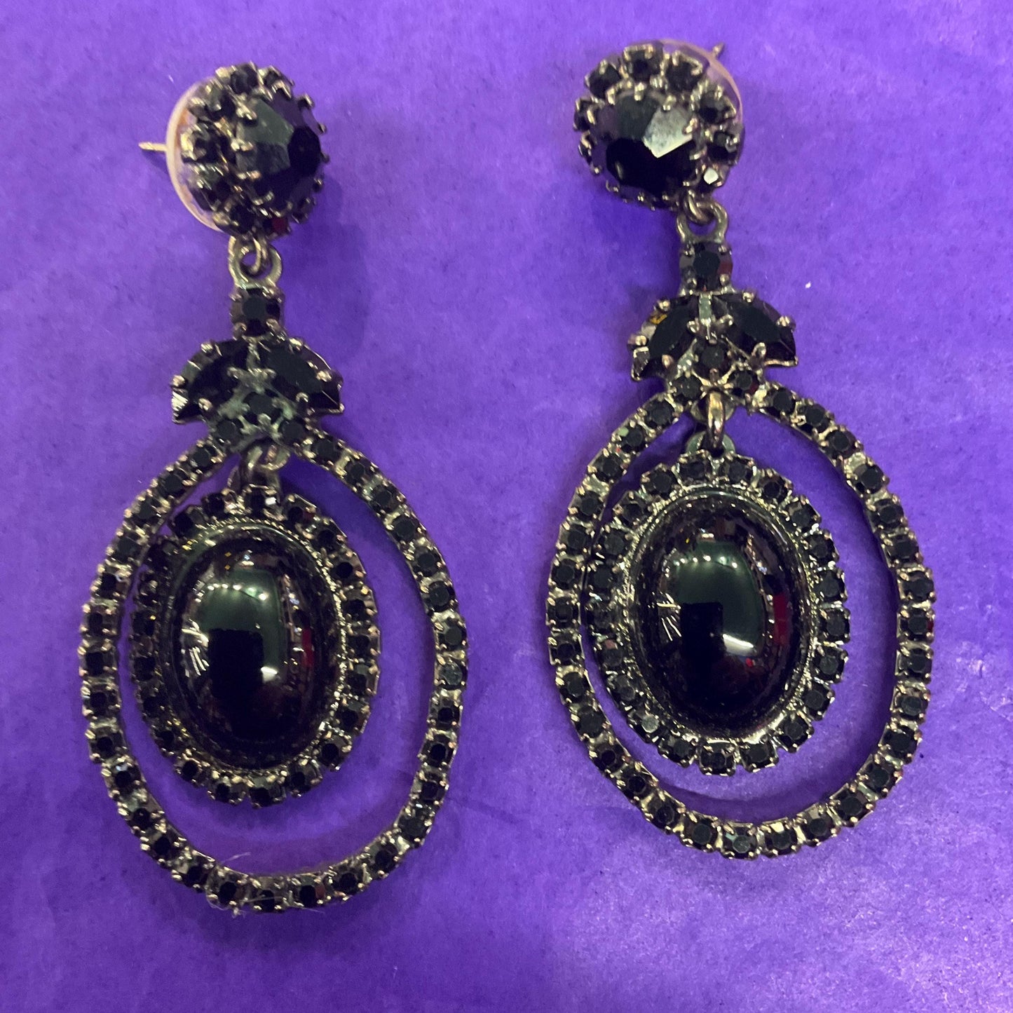 Vintage Butler and Wilson Black Crystal Long Drop Chandelier Earrings , pewter tone with large oval crystal and rhinestones