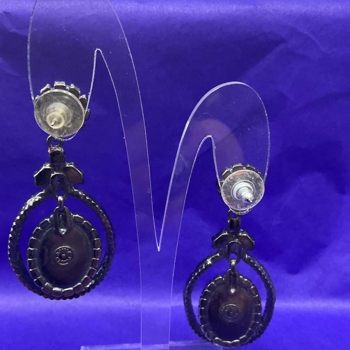 Vintage Butler and Wilson Black Crystal Long Drop Chandelier Earrings , pewter tone with large oval crystal and rhinestones