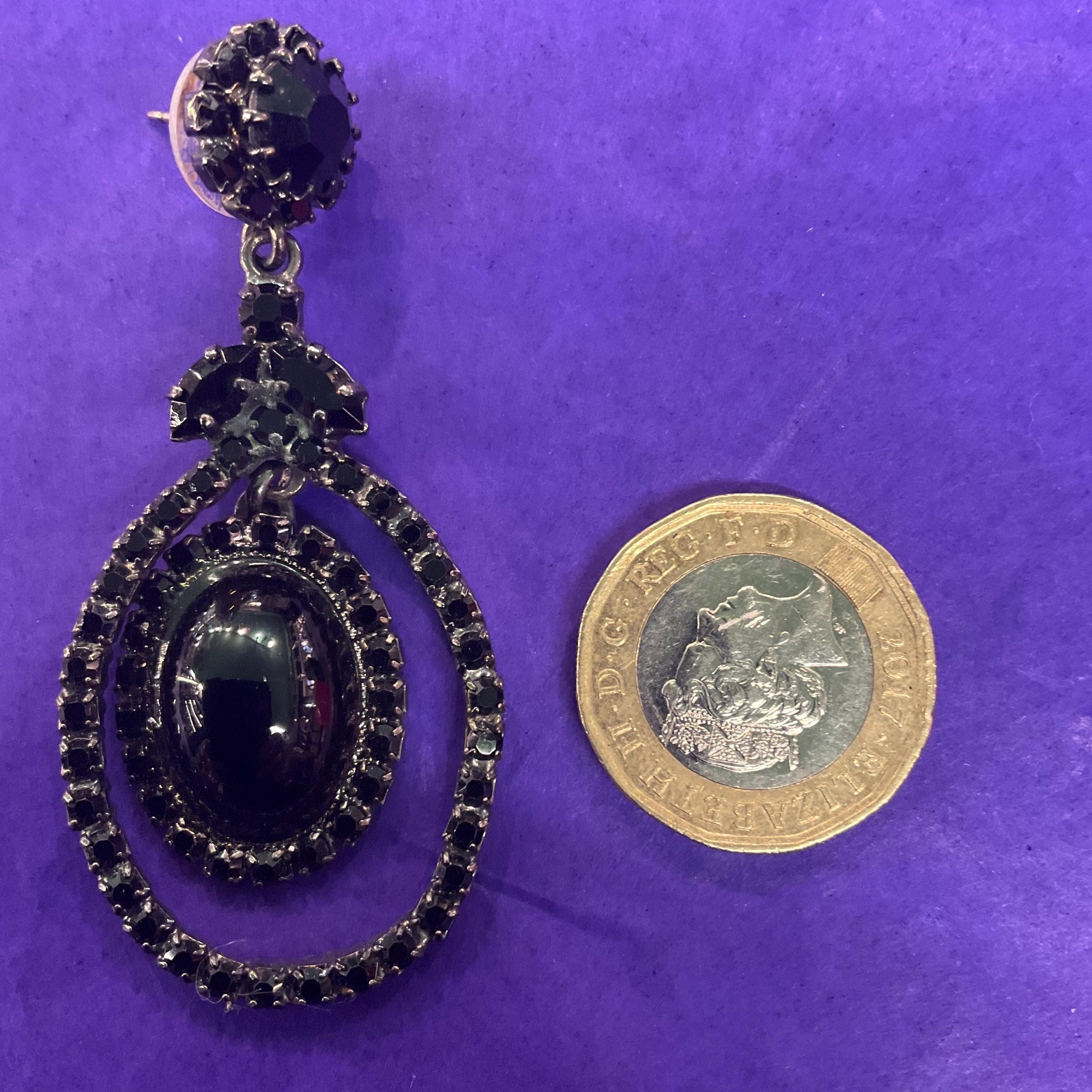 Vintage Butler and Wilson Black Crystal Long Drop Chandelier Earrings , pewter tone with large oval crystal and rhinestones