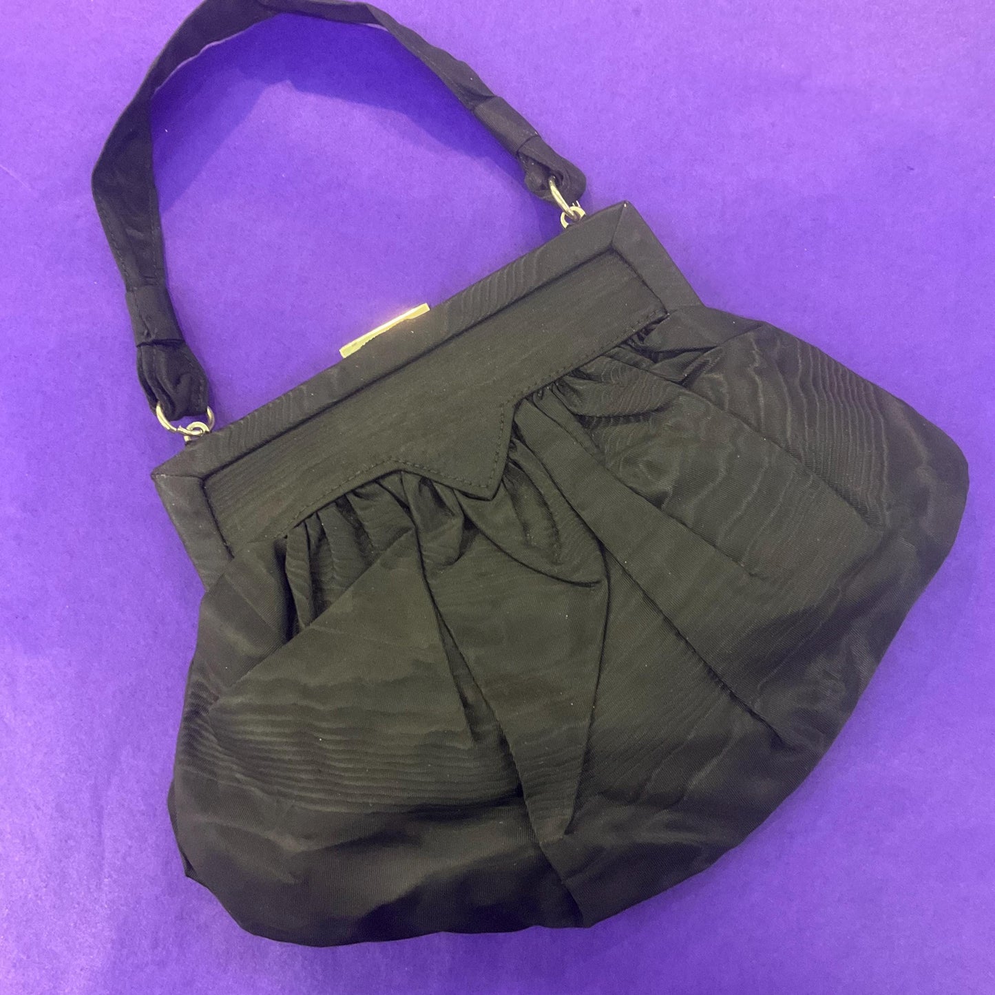 Antique Art Deco Black Moire Taffetta Evening Bag , British Made with integral coin purse