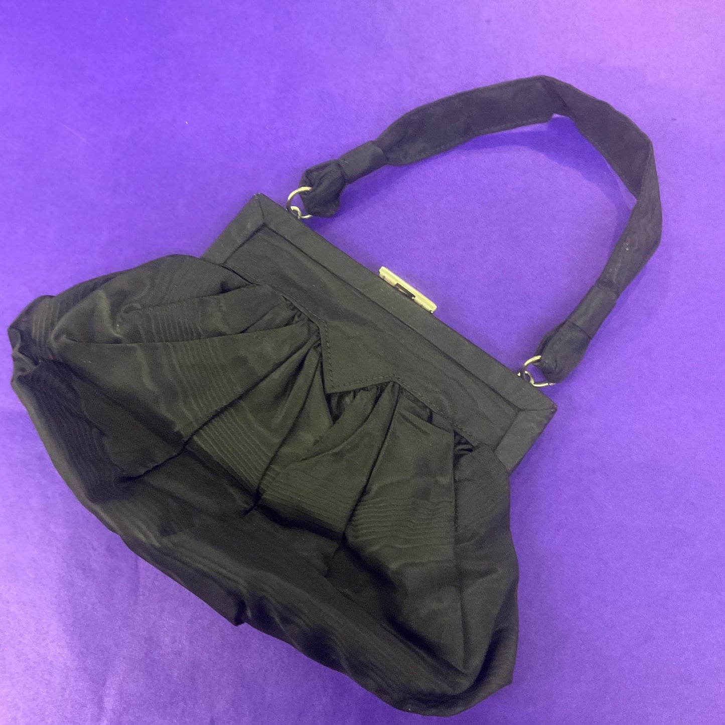 Antique Art Deco Black Moire Taffetta Evening Bag , British Made with integral coin purse