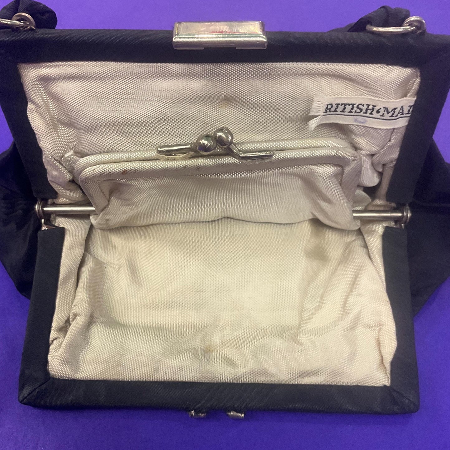 Antique Art Deco Black Moire Taffetta Evening Bag , British Made with integral coin purse