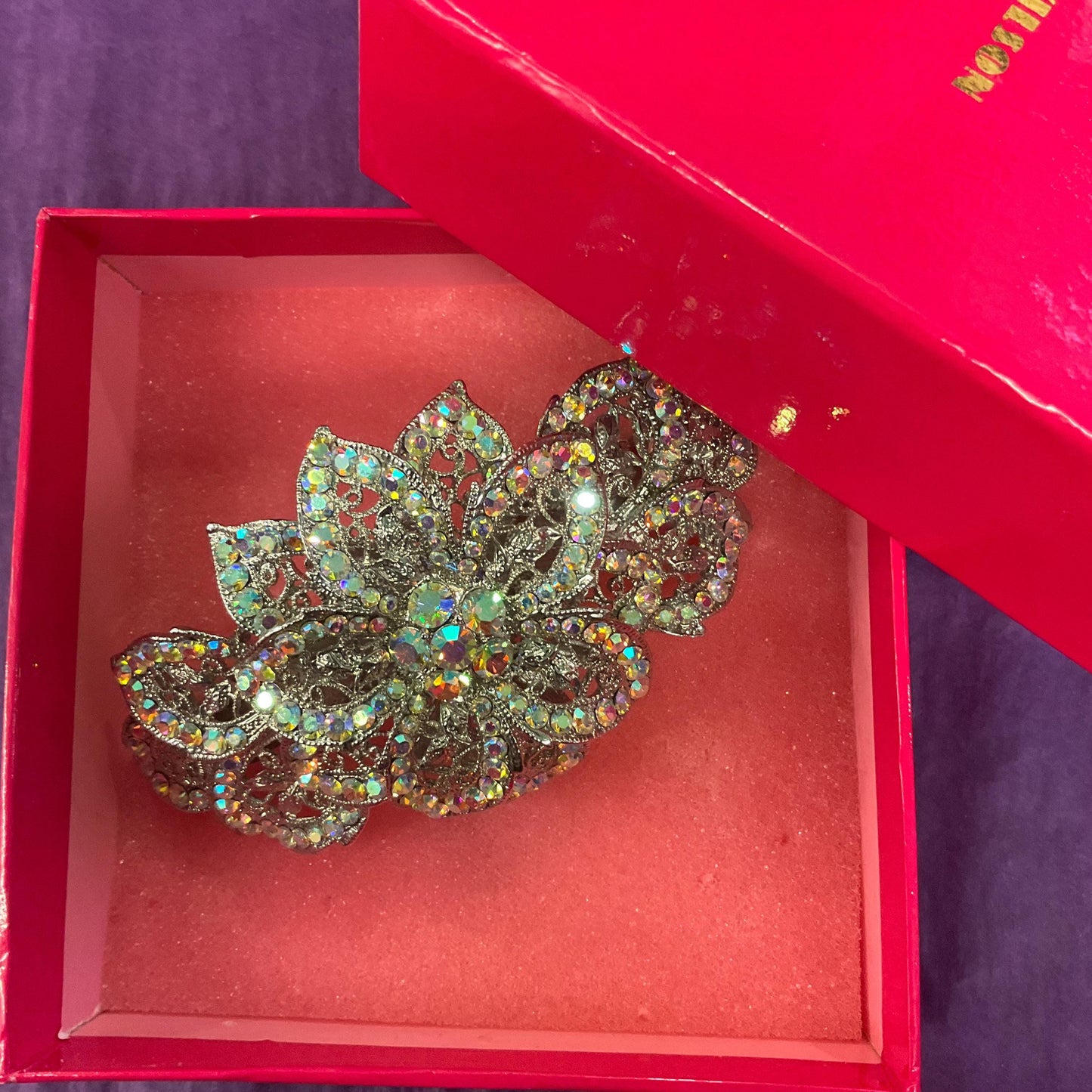 Vintage Butler and Wilson Statement Aurora Borealis Floral Barette Hair Clip, silver tone with rainbow rhinestones