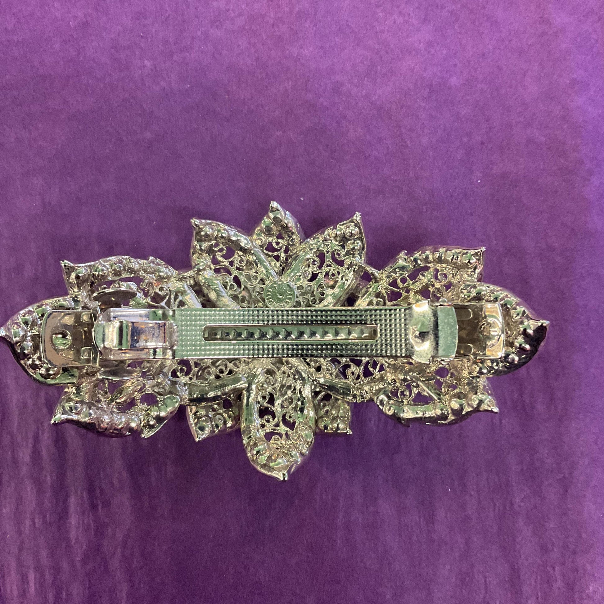 Vintage Butler and Wilson Statement Aurora Borealis Floral Barette Hair Clip, silver tone with rainbow rhinestones