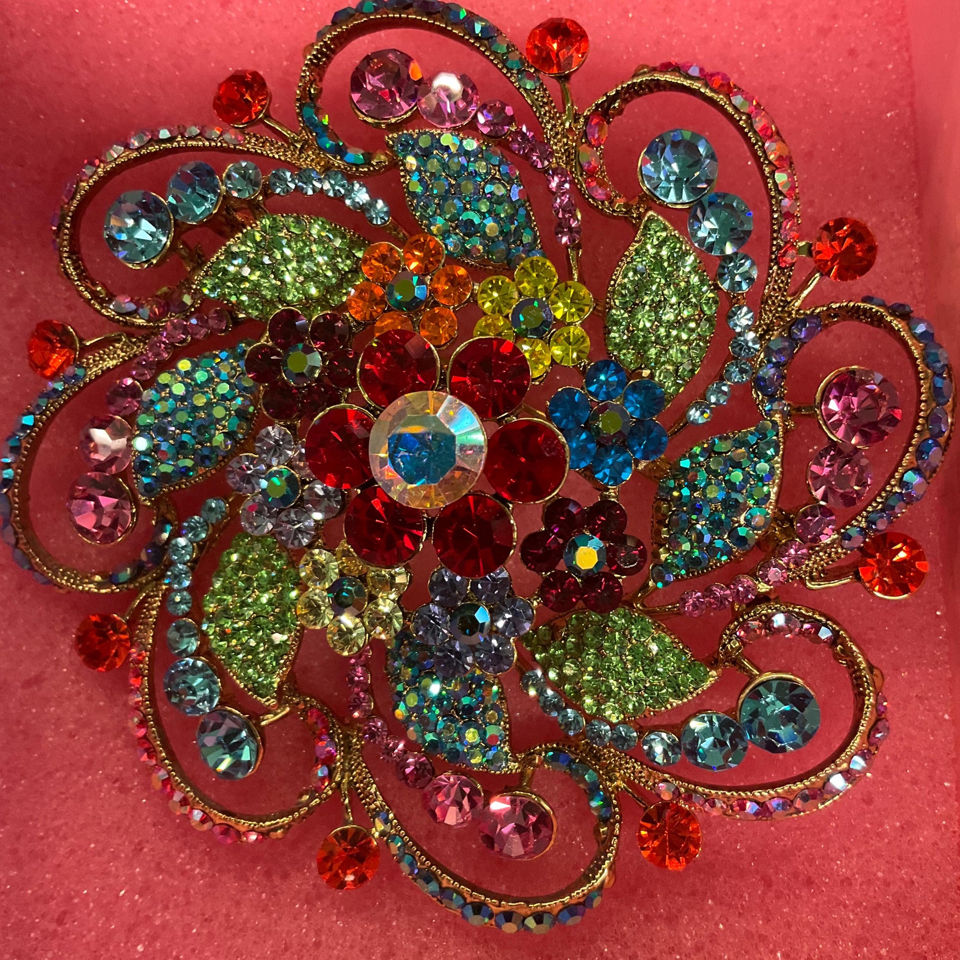 Vintage Butler and Wilson Large Rainbow Crystal Flower Brooch, Gold Tone with multicoloured Borealis Crystal, original box