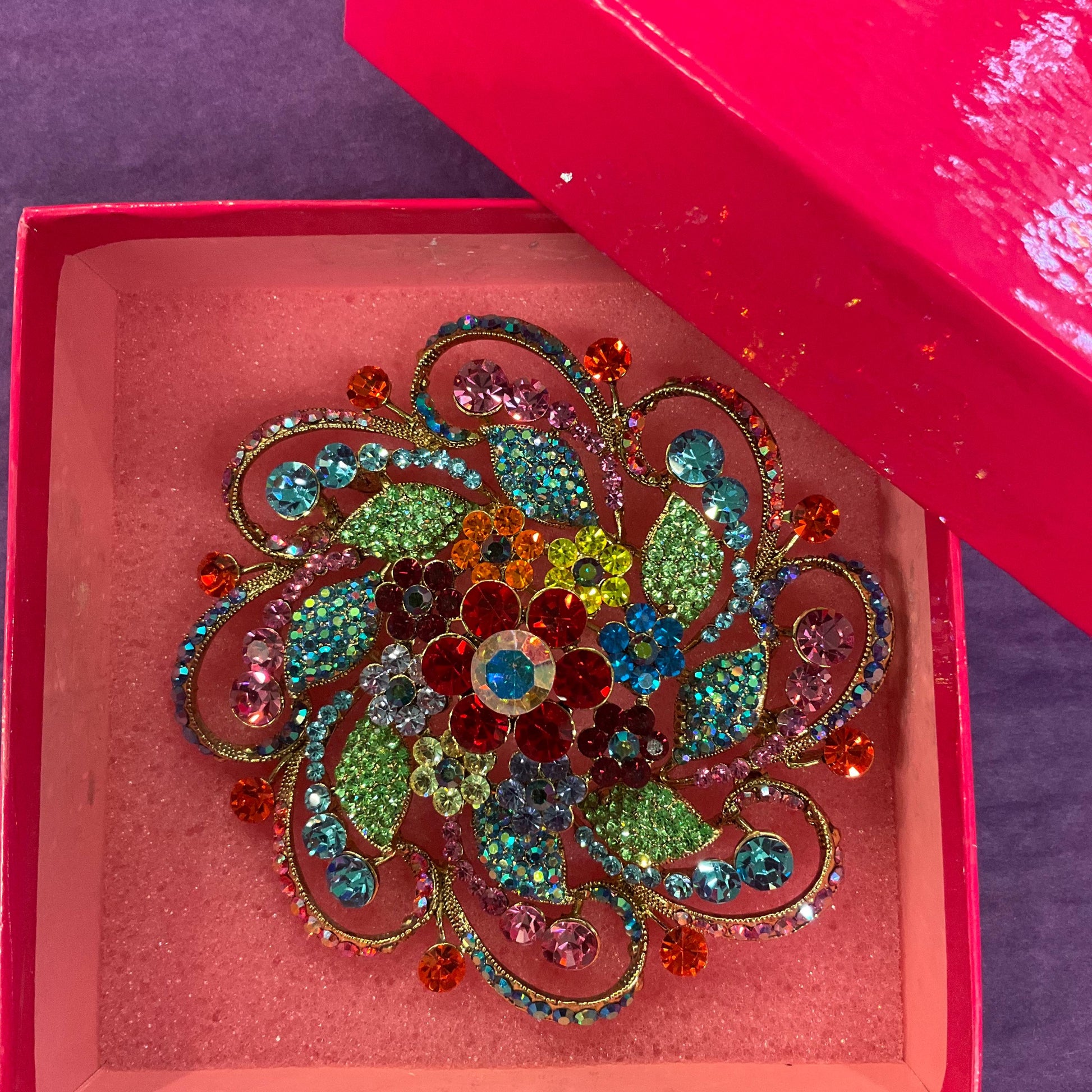 Vintage Butler and Wilson Large Rainbow Crystal Flower Brooch, Gold Tone with multicoloured Borealis Crystal, original box