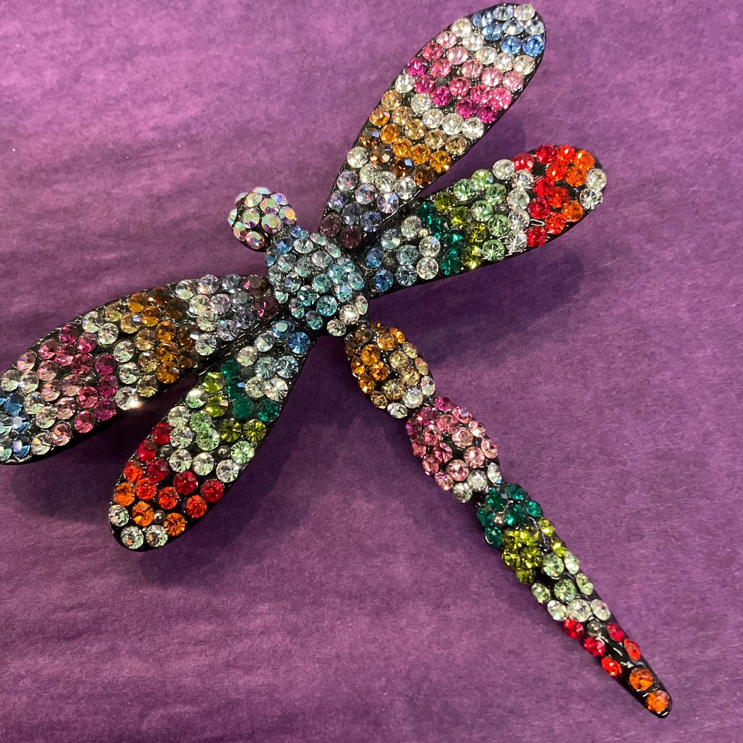 Vintage Butler and Wilson Large Rainbow Crystal Dragonfly Brooch, Pewter tone with Ombré Rhinestones, signed as new