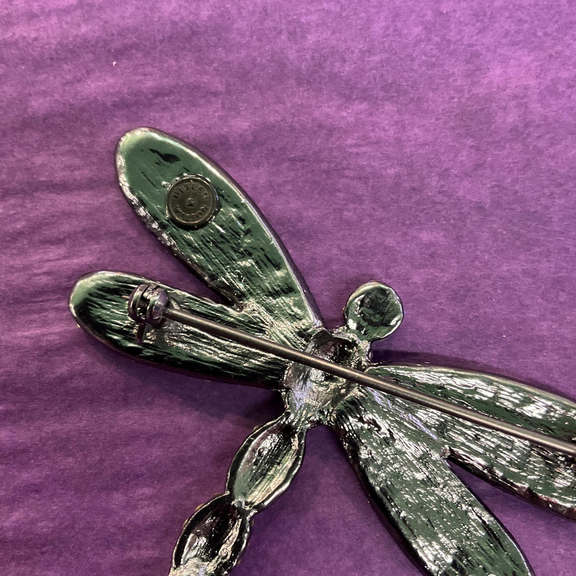 Vintage Butler and Wilson Large Rainbow Crystal Dragonfly Brooch, Pewter tone with Ombré Rhinestones, signed as new