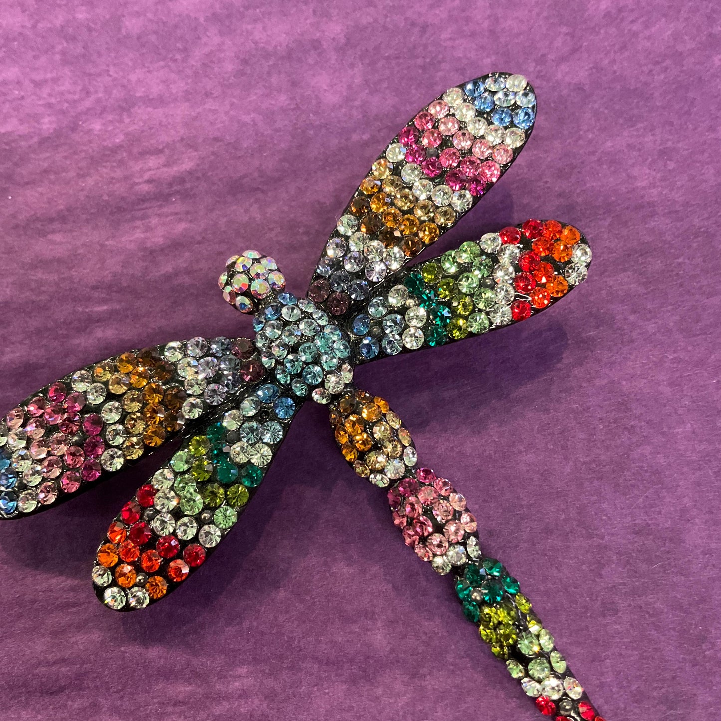 Vintage Butler and Wilson Large Rainbow Crystal Dragonfly Brooch, Pewter tone with Ombré Rhinestones, signed as new