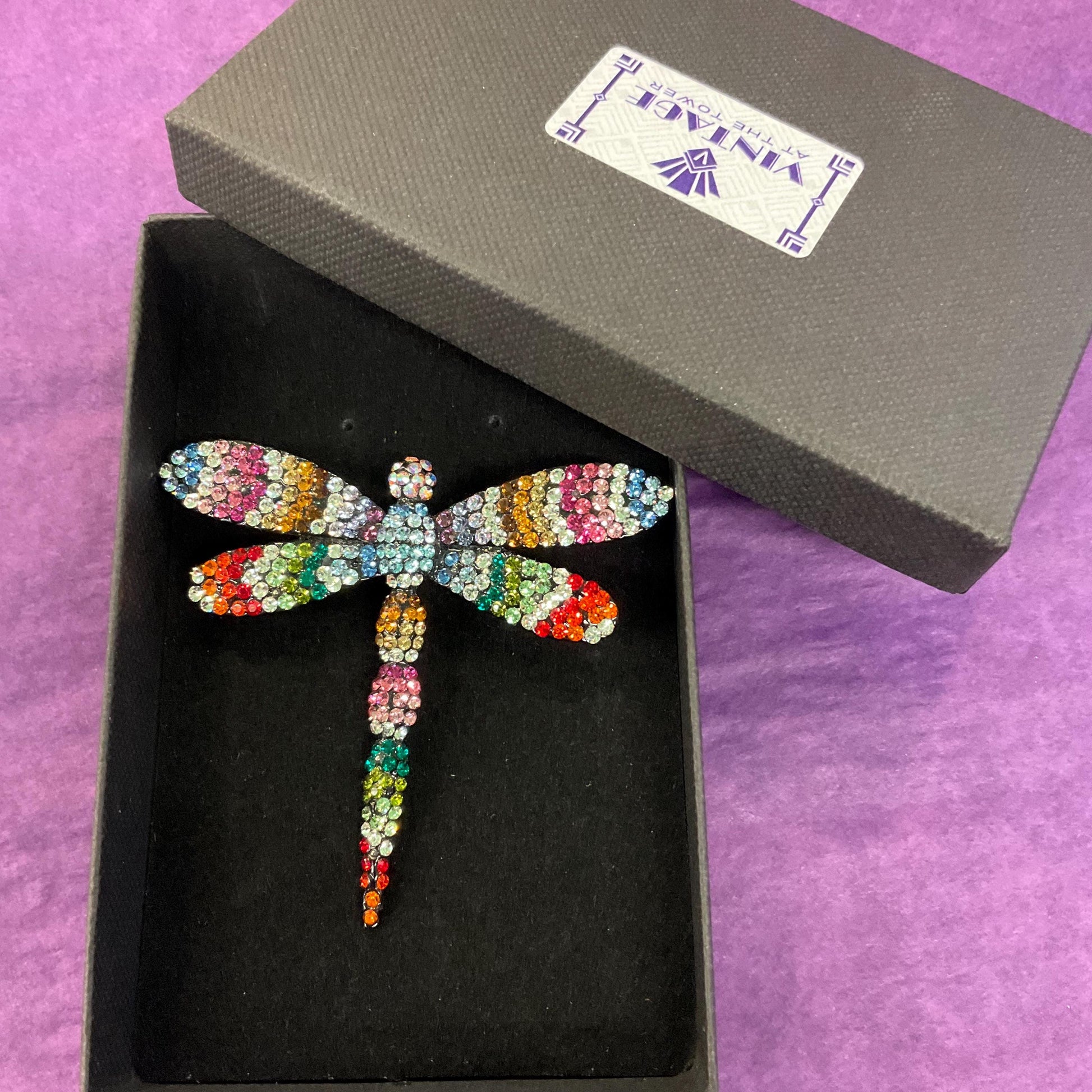 Vintage Butler and Wilson Large Rainbow Crystal Dragonfly Brooch, Pewter tone with Ombré Rhinestones, signed as new