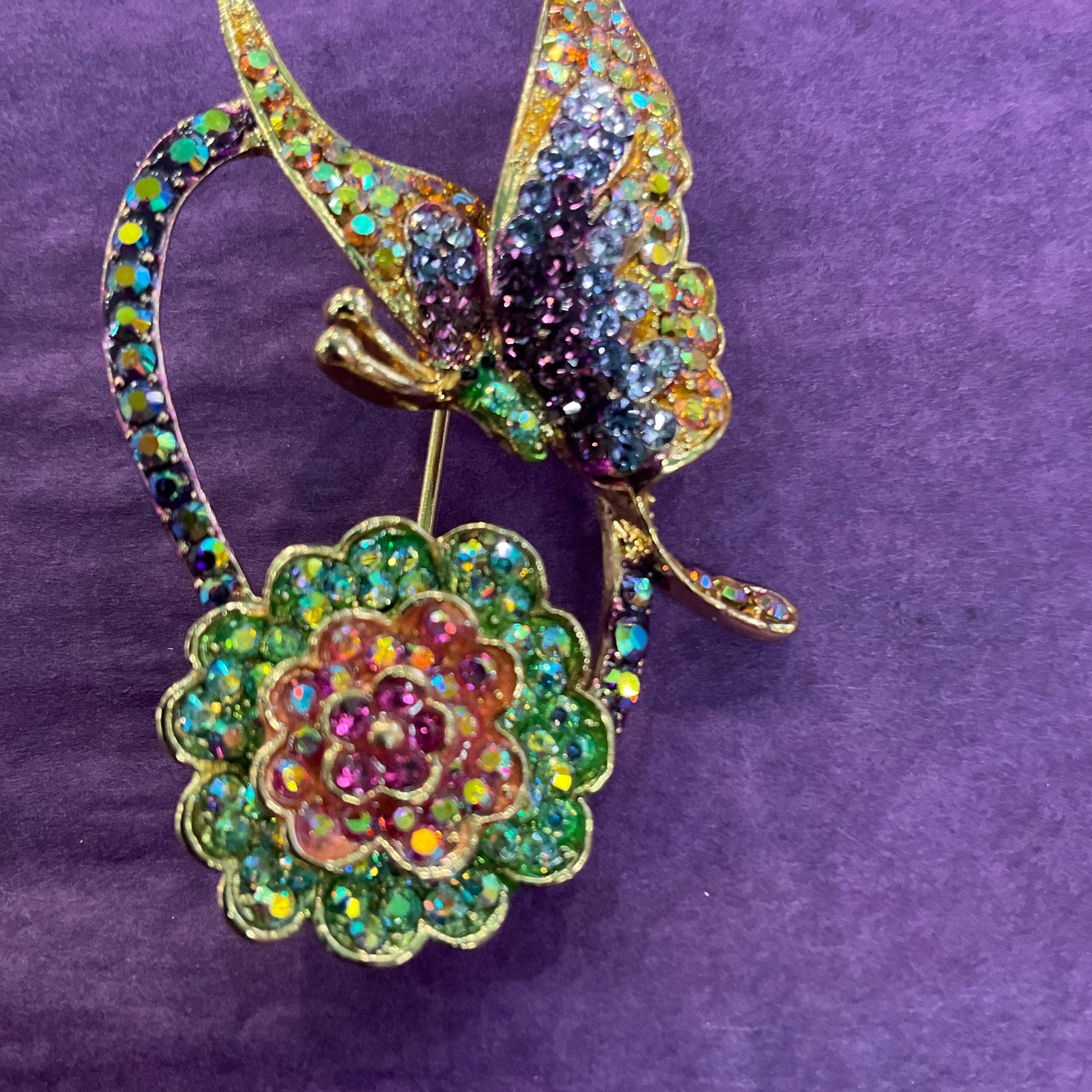 Vintage Butler and Wilson Crystal Rainbow Flower and Butterfly Brooch, gold tone with Borealis rhinestones, signed as new