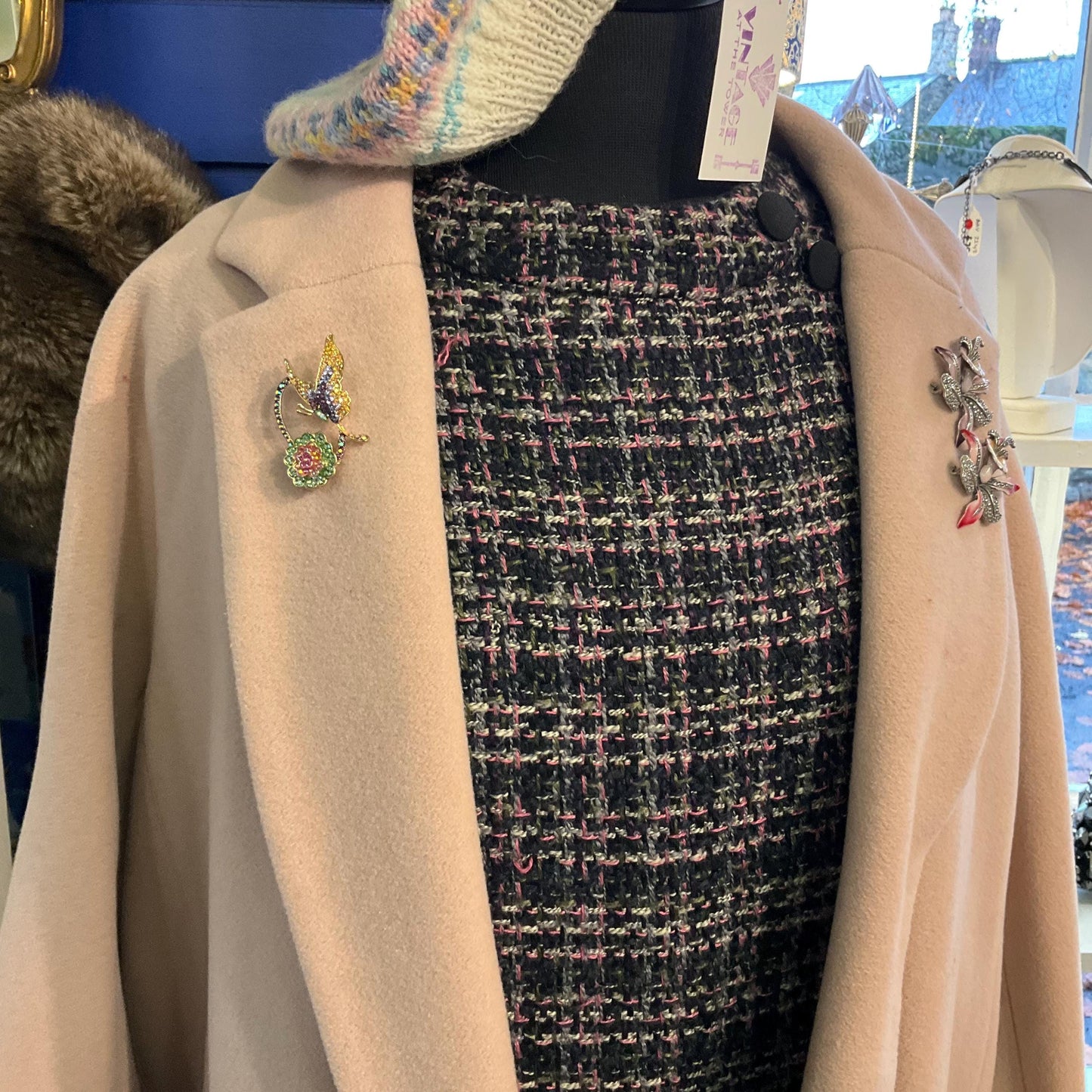 Vintage Butler and Wilson Crystal Rainbow Flower and Butterfly Brooch, gold tone with Borealis rhinestones, signed as new