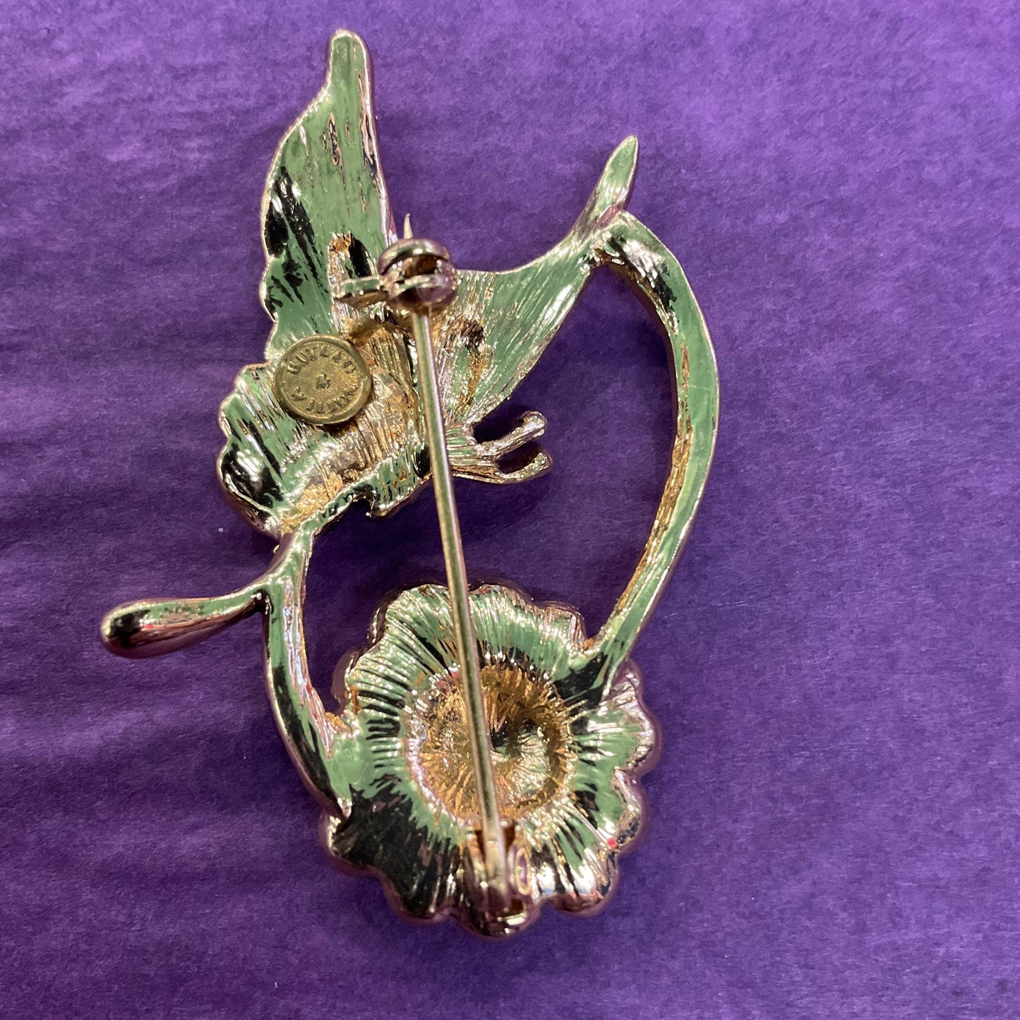 Vintage Butler and Wilson Crystal Rainbow Flower and Butterfly Brooch, gold tone with Borealis rhinestones, signed as new