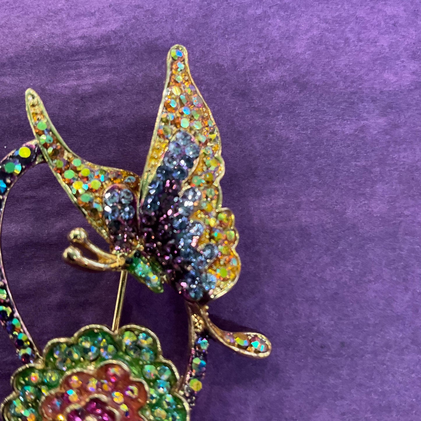 Vintage Butler and Wilson Crystal Rainbow Flower and Butterfly Brooch, gold tone with Borealis rhinestones, signed as new